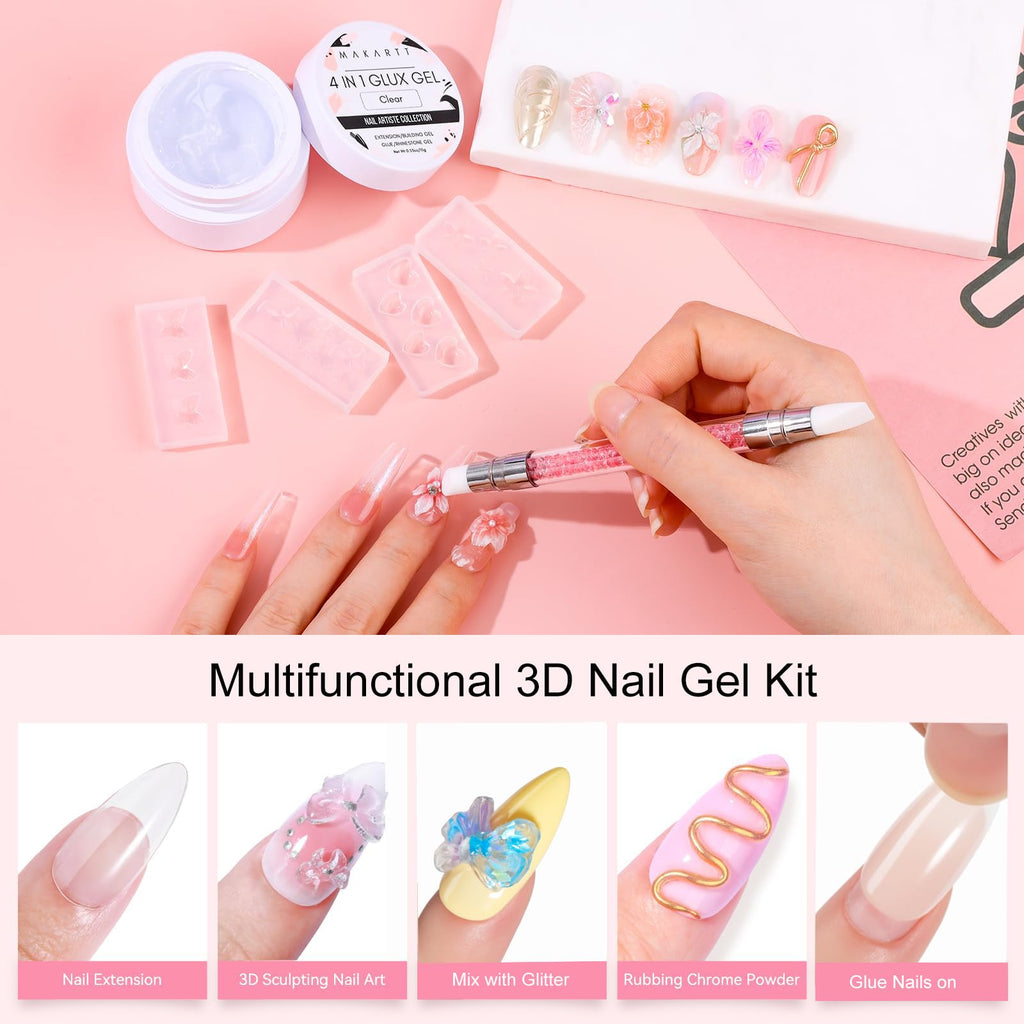Makartt 3D Gel Nail Art Starter Kit — Clear Sculpting Gel, No-Wipe Finish, Chrome Powder & Molding Gels