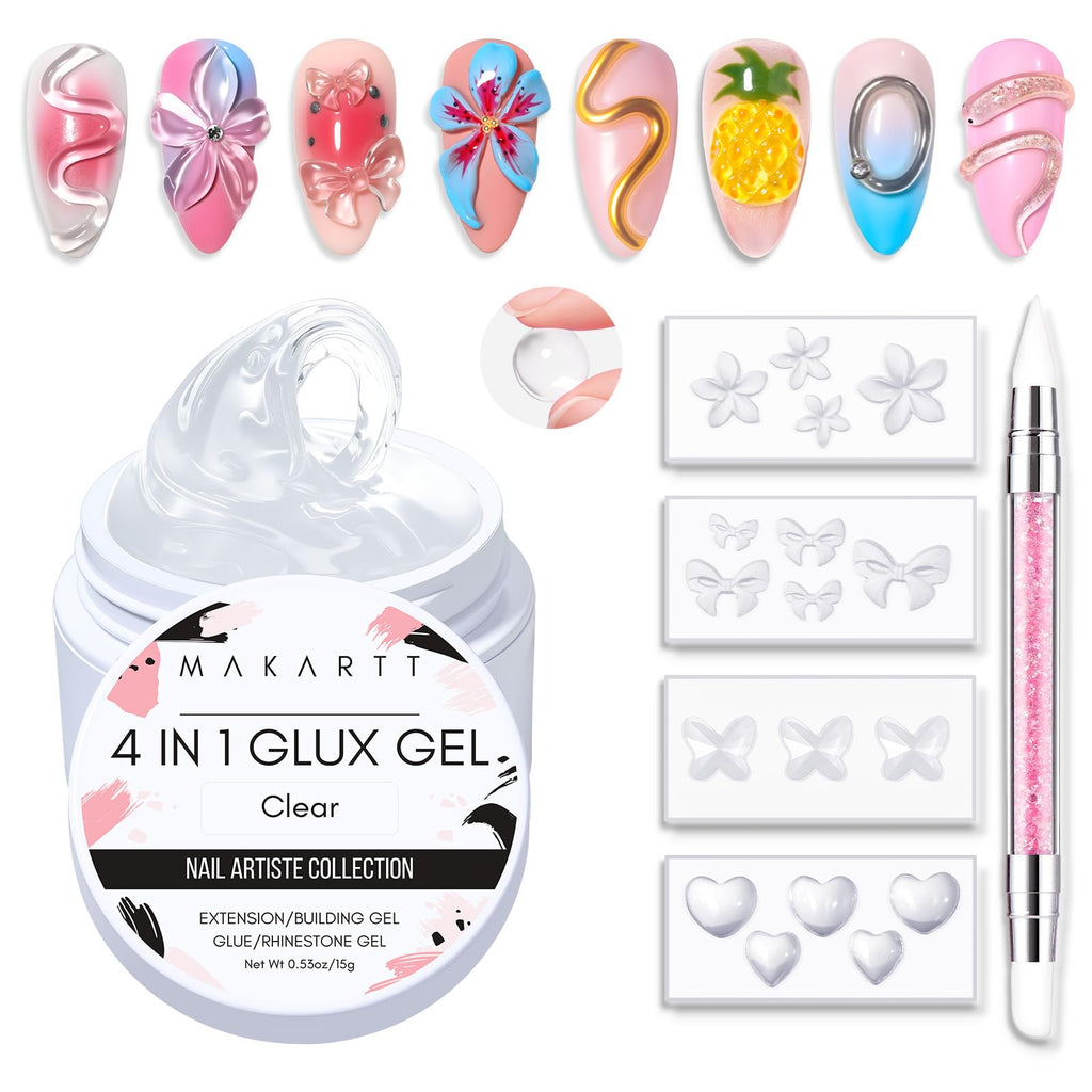 Makartt 3D Gel Nail Art Starter Kit — Clear Sculpting Gel, No-Wipe Finish, Chrome Powder & Molding Gels