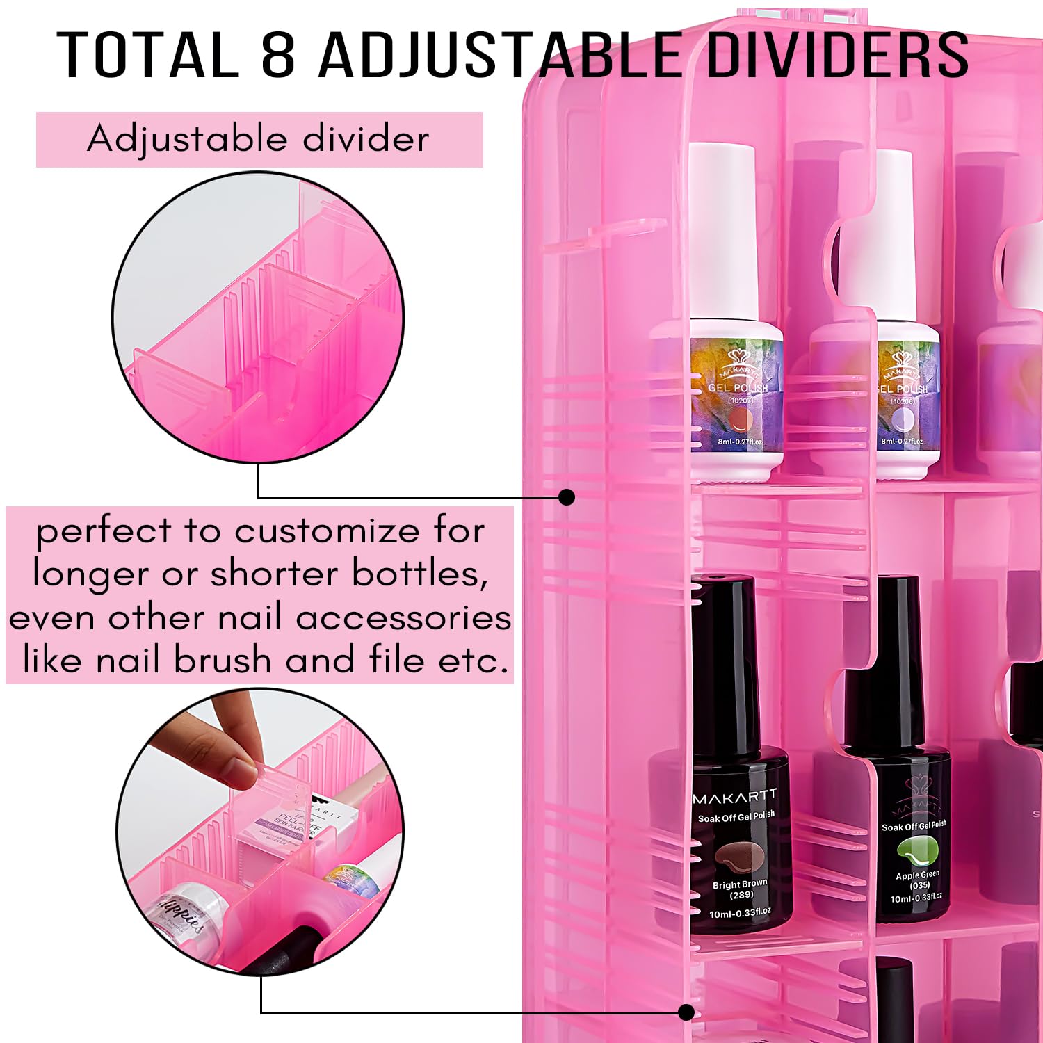 Makartt Nail Polish Organizer – Pink Acrylic Case for 48 Bottles with 8 Adjustable Dividers | Space-Saving