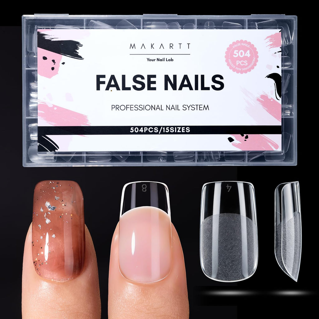 Makartt Short Square Nail Tips – 504Pcs Pre-Etched Full-Cover 15 Sizes | Salon & DIY