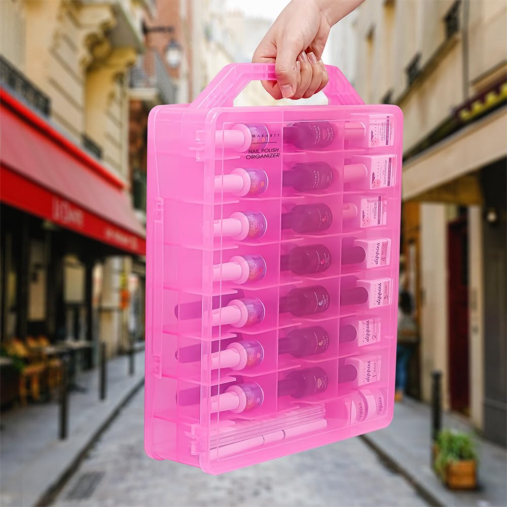 Makartt Nail Polish Organizer – Pink Acrylic Case for 48 Bottles with 8 Adjustable Dividers | Space-Saving