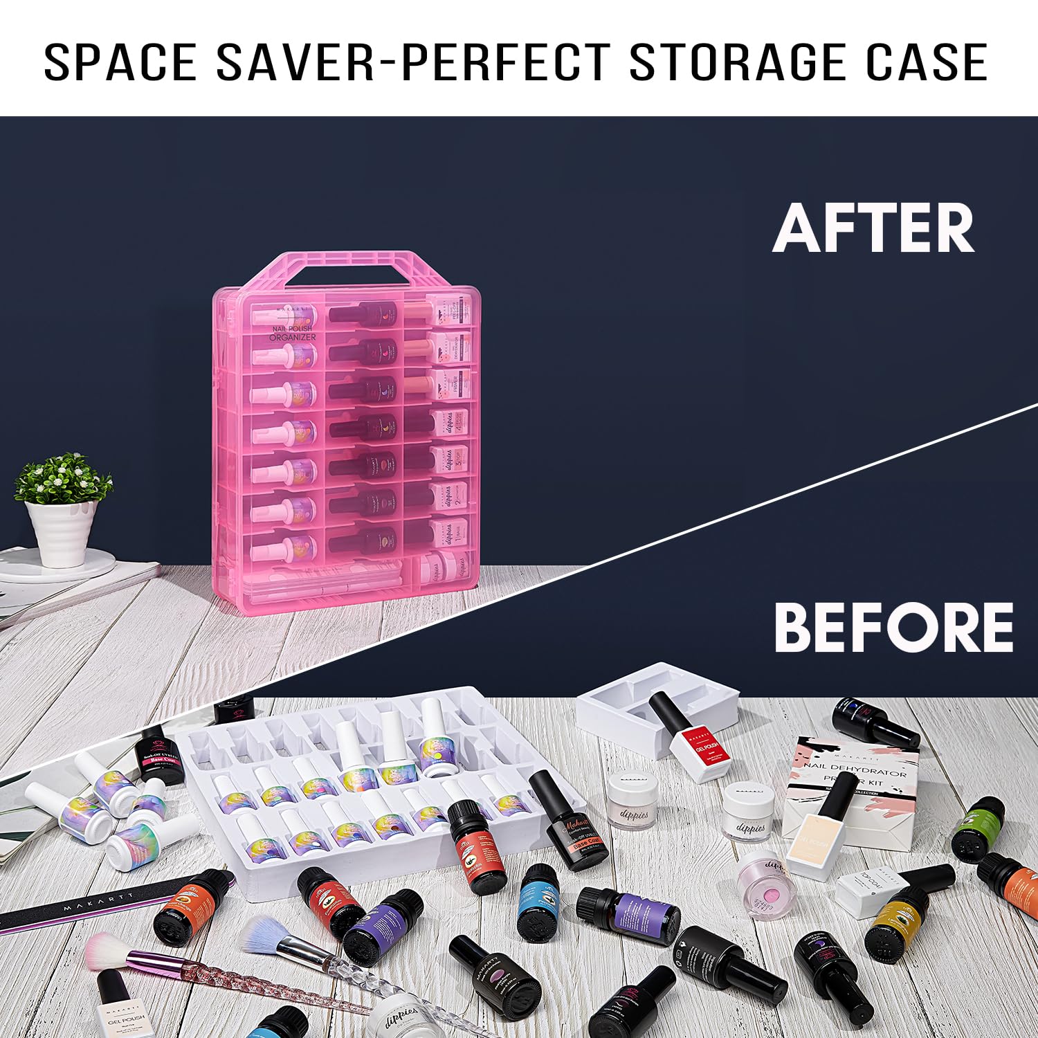 Makartt Nail Polish Organizer – Pink Acrylic Case for 48 Bottles with 8 Adjustable Dividers | Space-Saving