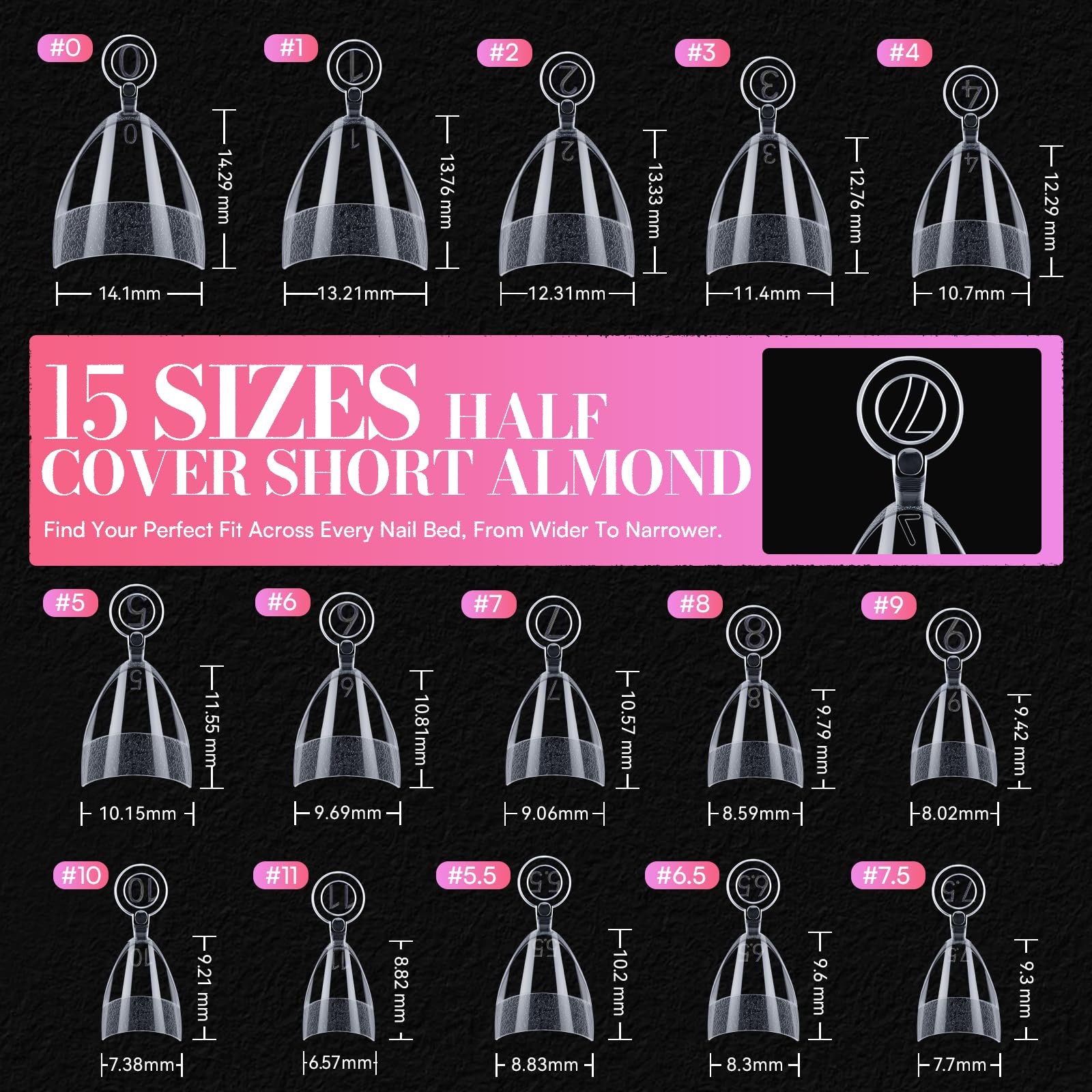 Makartt Short Almond Nail Tips – 504-Piece Half-Cover PMMA Kit, 15 Sizes, Matte Finish | Salon & DIY Extensions