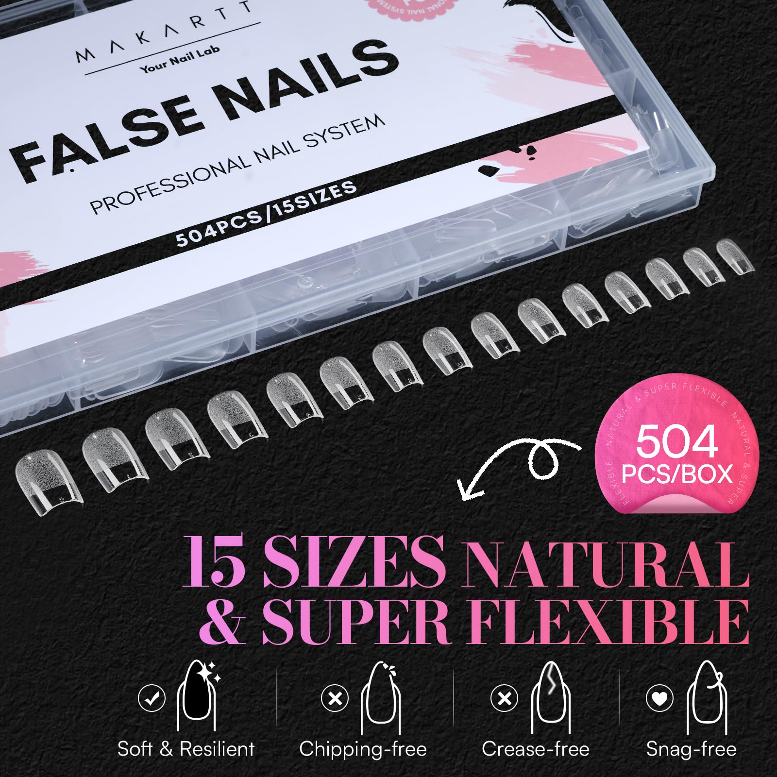 Makartt Short Square Nail Tips – 504Pcs Pre-Etched Full-Cover 15 Sizes | Salon & DIY