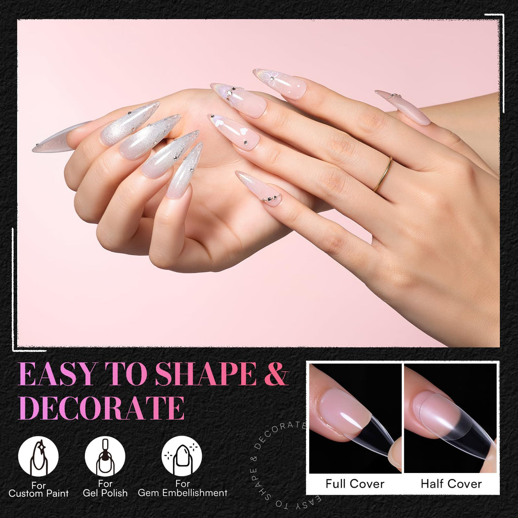 Makartt Medium Stiletto Almond Nail Tips – 504 Pcs, 15 Sizes, Pre-Etched, Clear Full-Cover