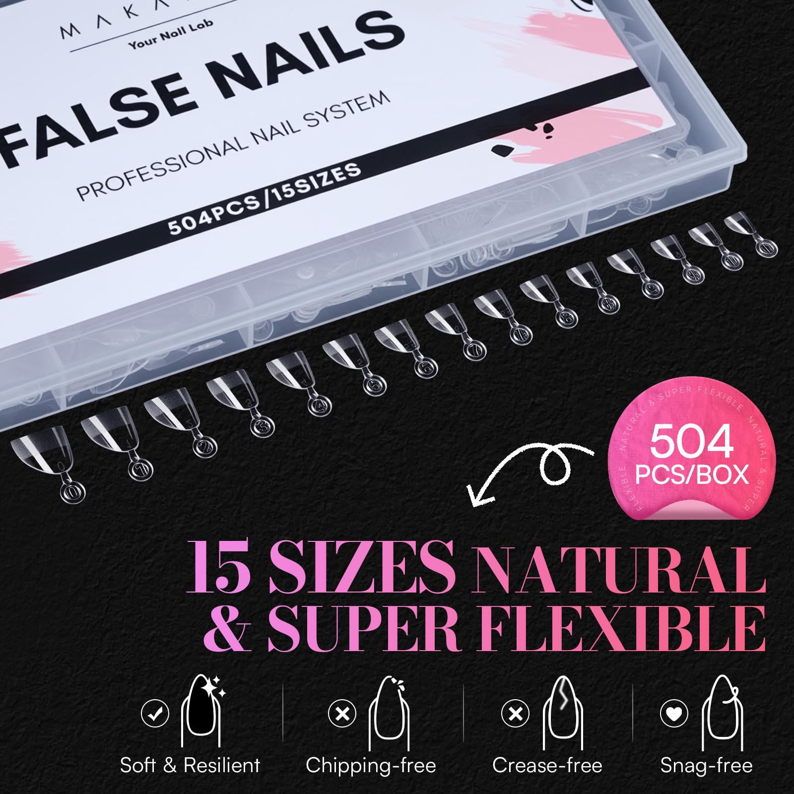 Makartt Short Almond Nail Tips – 504-Piece Half-Cover PMMA Kit, 15 Sizes, Matte Finish | Salon & DIY Extensions