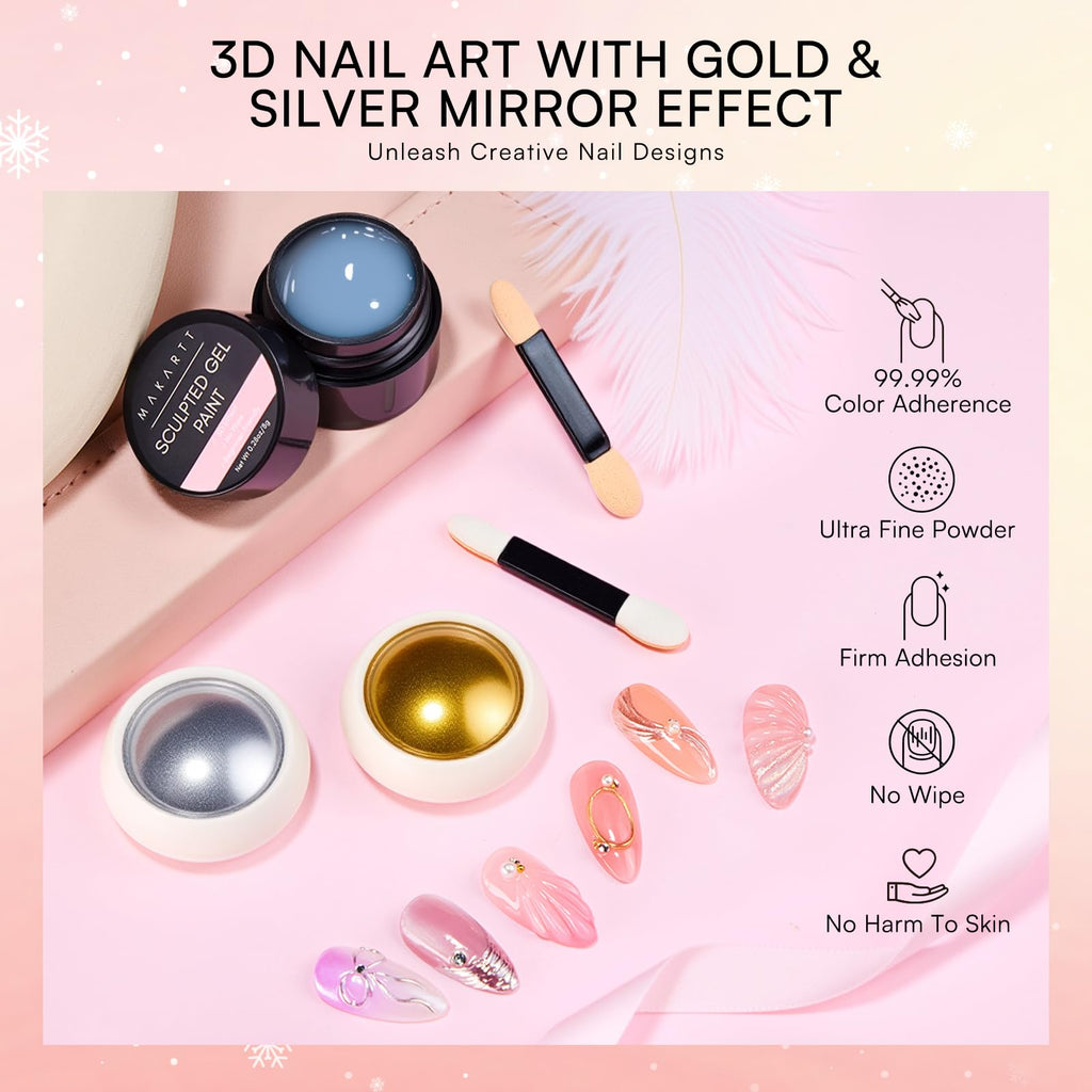 Makartt 3D Gel Nail Art & Chrome Powder Kit – Clear Sculpting Gels, No-Wipe 3D Gel, Gold & Silver Chrome