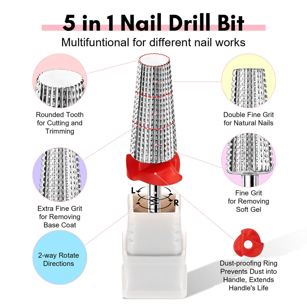 Makartt 5 in 1 Nail Drill Bits – 3/32 shank Tungsten Carbide tapered bits, Fine Grade, Silver