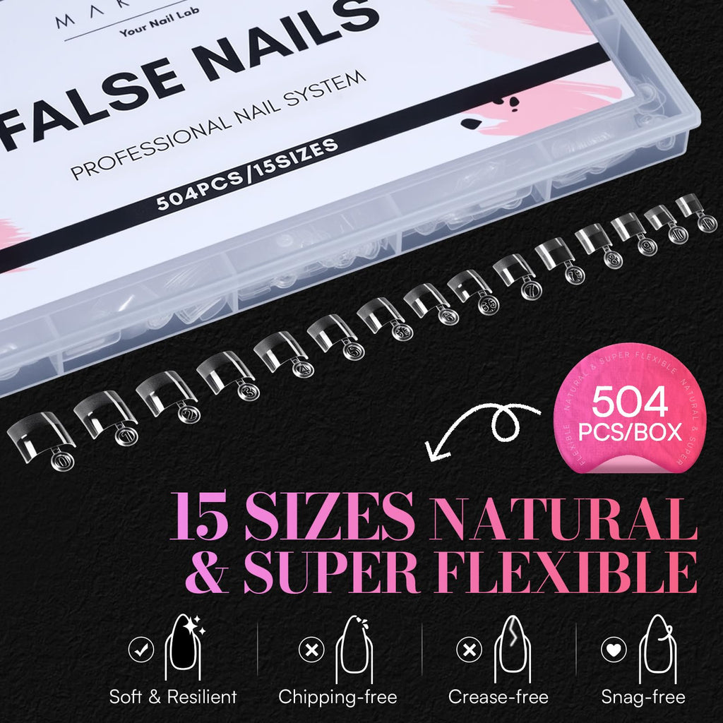 Makartt Short Square Nail Tips – 504 PCS Half-Cover Acrylic Tips, 15 Sizes, Easy DIY Manicure