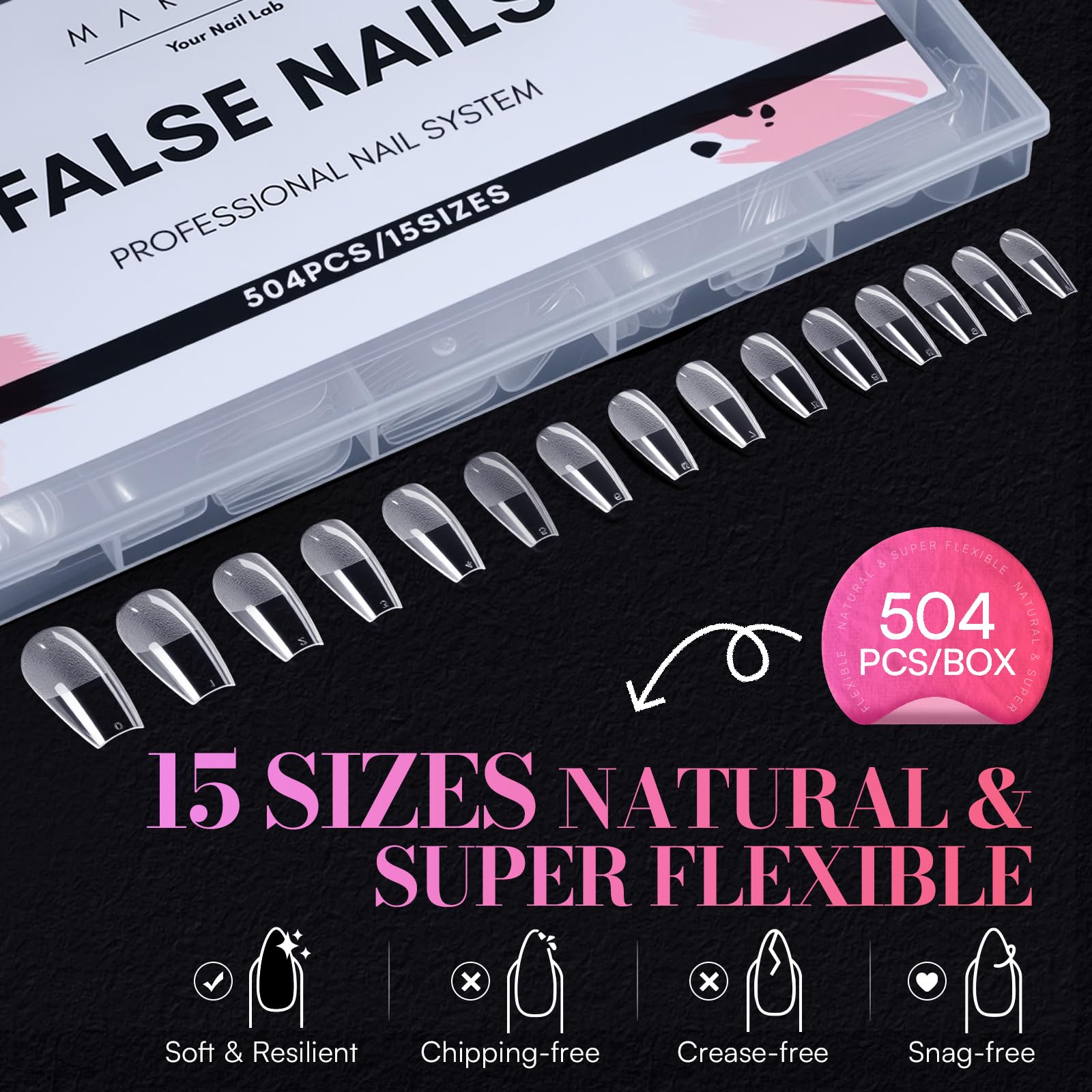 Makartt Medium Coffin Nail Tips – 504 PCS Pre-Etched Clear Nails, 15 Sizes, Half-Matte Finish, Press-On Extensions