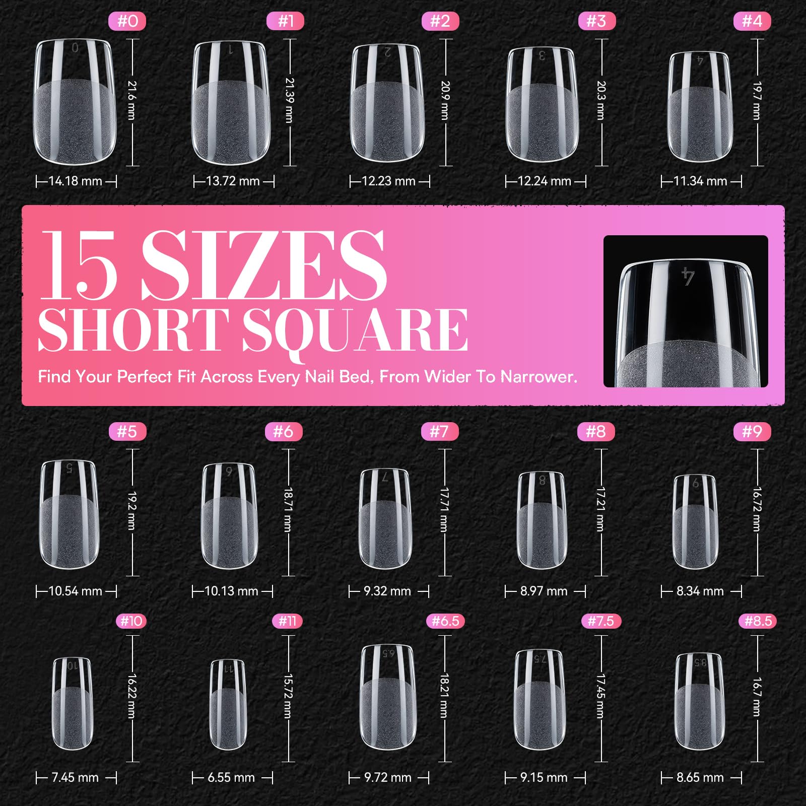 Makartt Short Square Nail Tips – 504Pcs Pre-Etched Full-Cover 15 Sizes | Salon & DIY