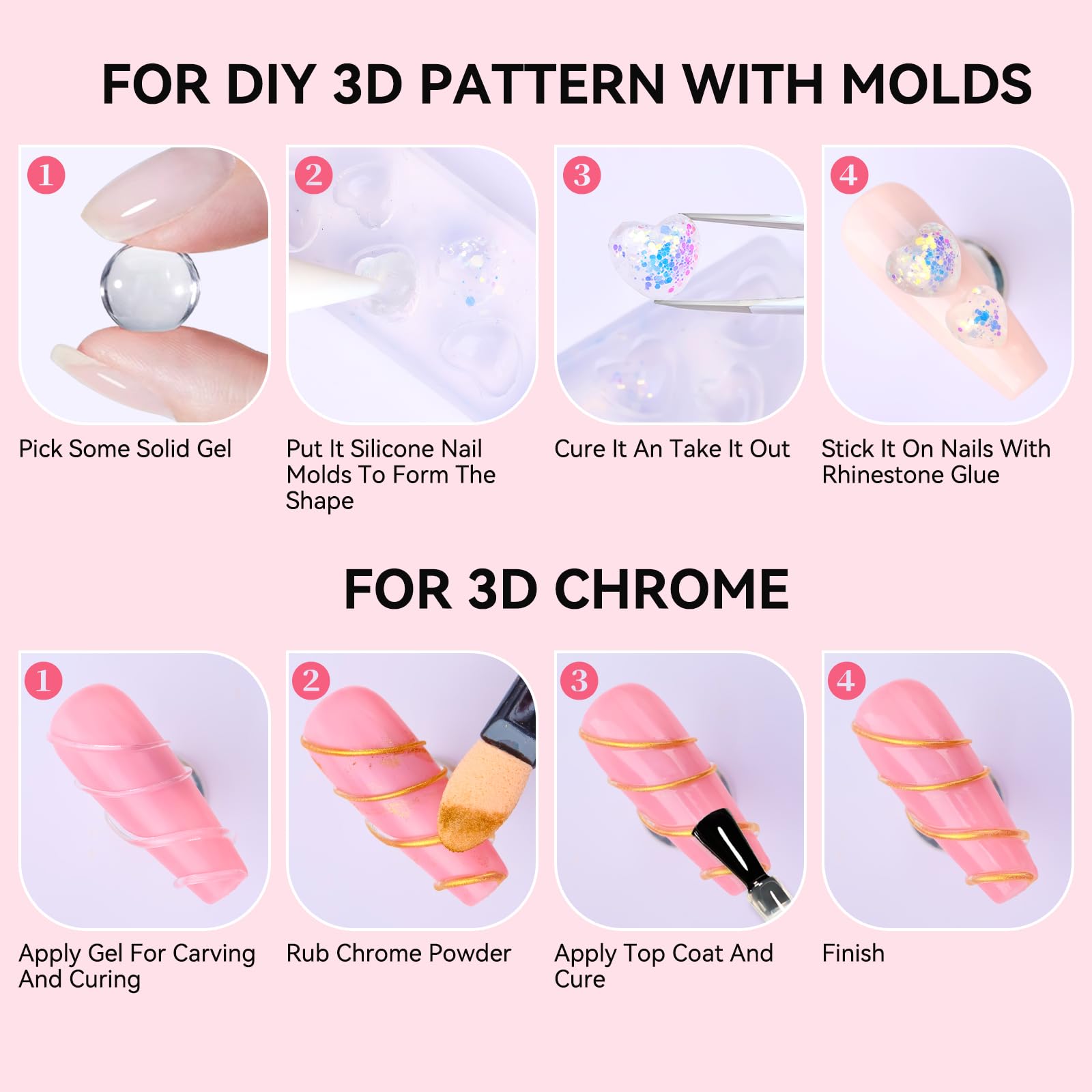 Makartt 3D Sculpting Gel Kit – 30g Clear, Non-Sticky 3D Nail Art Gel with Chrome Powder & Molds
