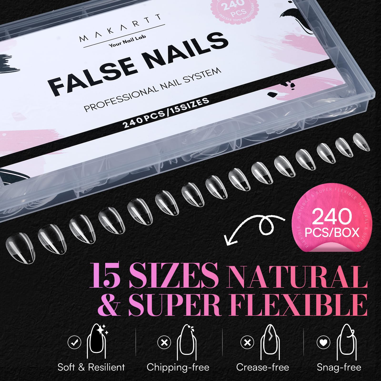 Makartt Short Almond Nail Tips – 504Pcs Pre-Etched Clear Nails, 15 Sizes, Half Matte Finish