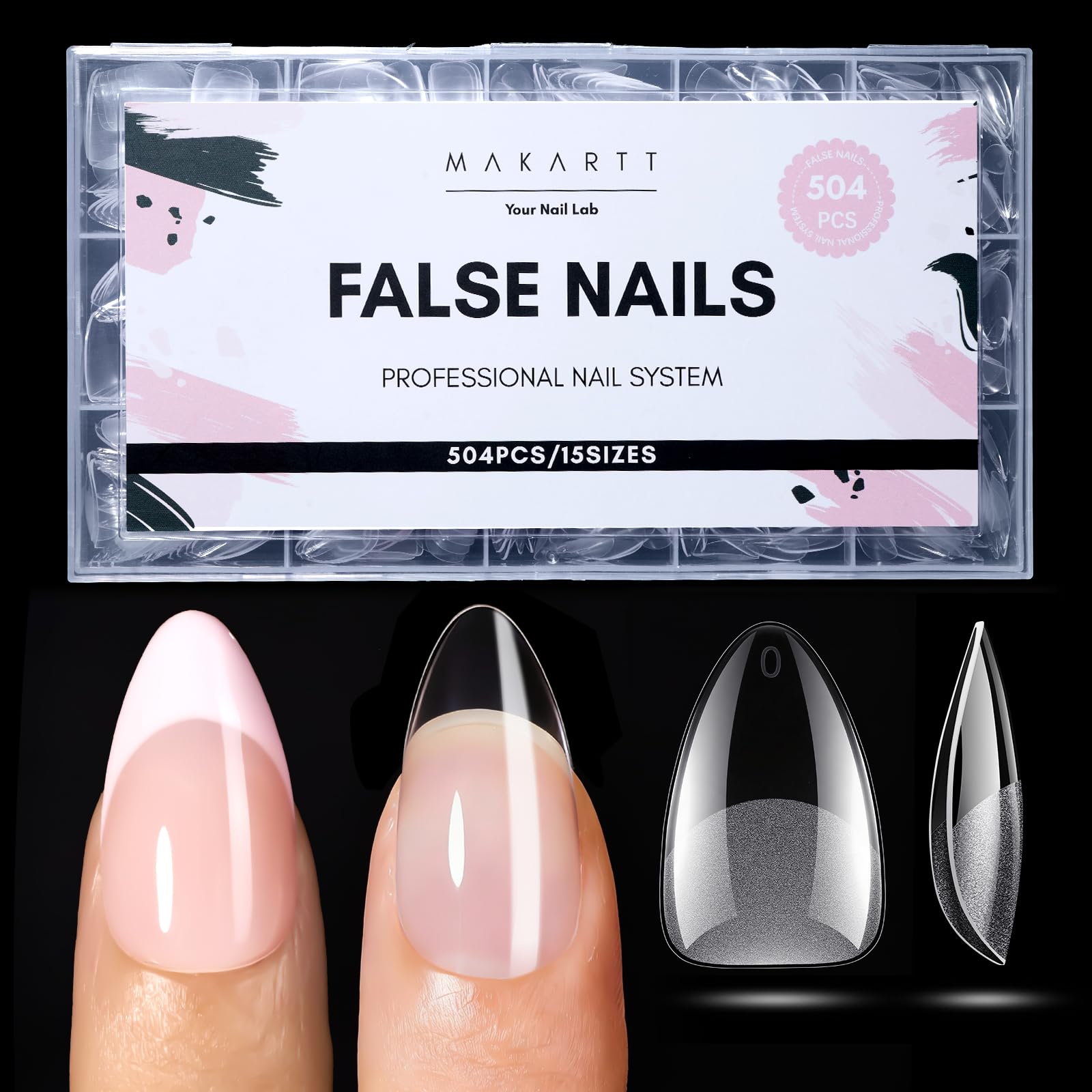 Makartt Short Almond Nail Tips – 504Pcs Pre-Etched Clear Nails, 15 Sizes, Half Matte Finish
