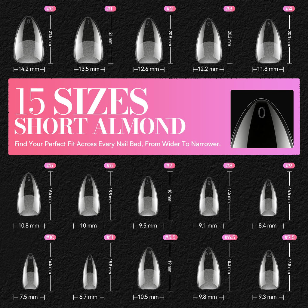 Makartt Short Almond Nail Tips – 504Pcs Pre-Etched Clear Nails, 15 Sizes, Half Matte Finish