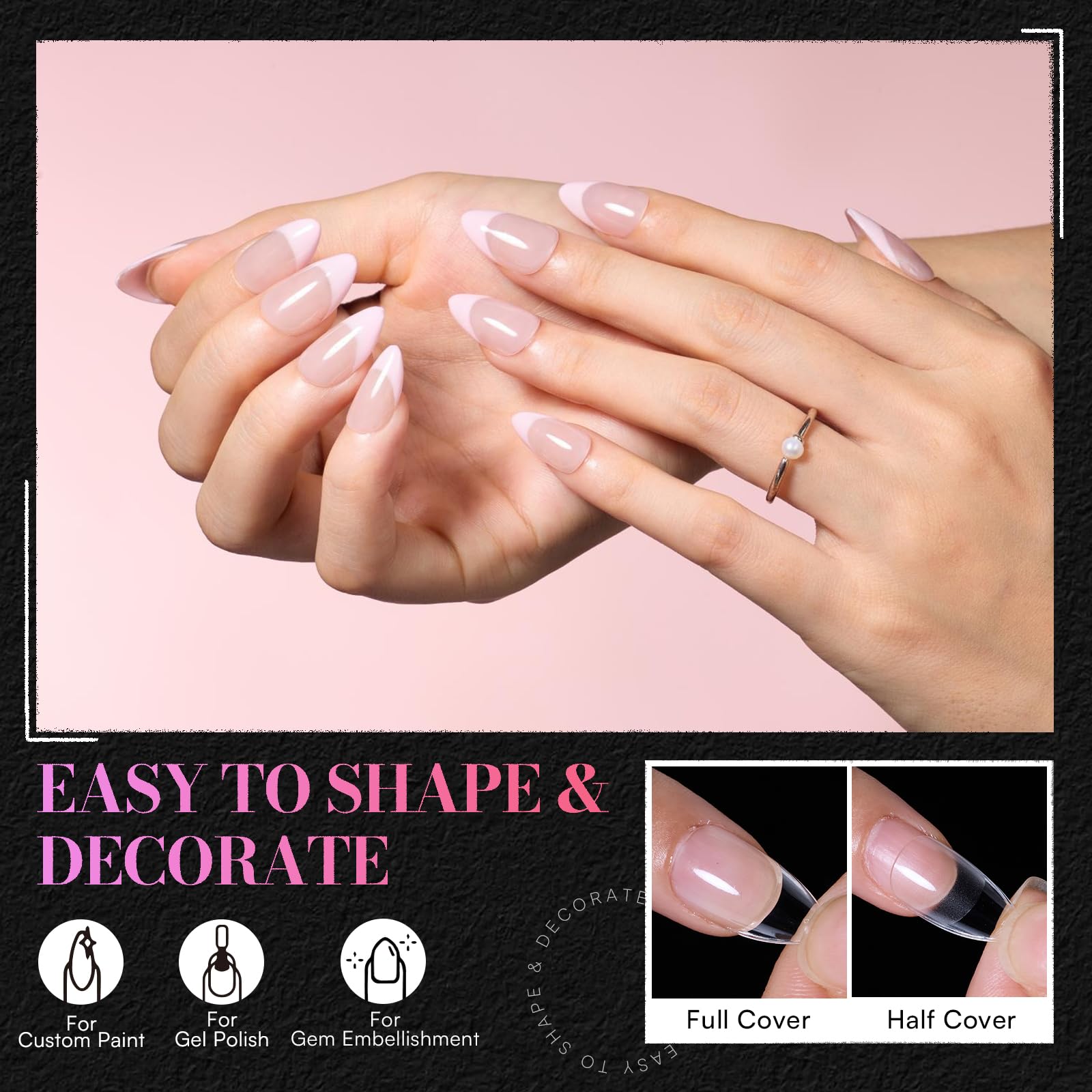 Makartt Short Almond Nail Tips – 504Pcs Pre-Etched Clear Nails, 15 Sizes, Half Matte Finish