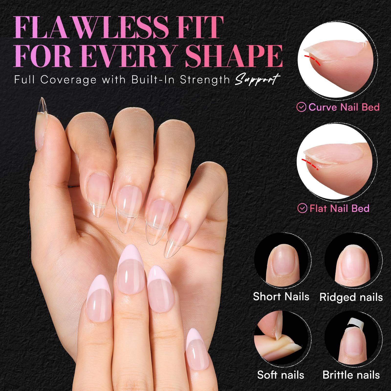Makartt Short Almond Nail Tips – 504Pcs Pre-Etched Clear Nails, 15 Sizes, Half Matte Finish