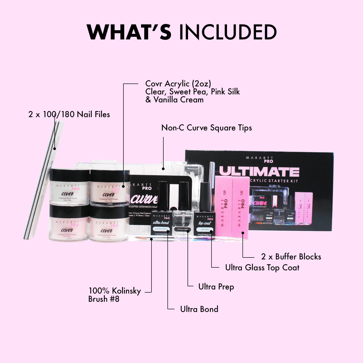 MakarttPro Acrylic Starter Kit for Beginners – Pink & Clear Powder, Kolinsky Brush, Ultra Prep & Ultra Bond
