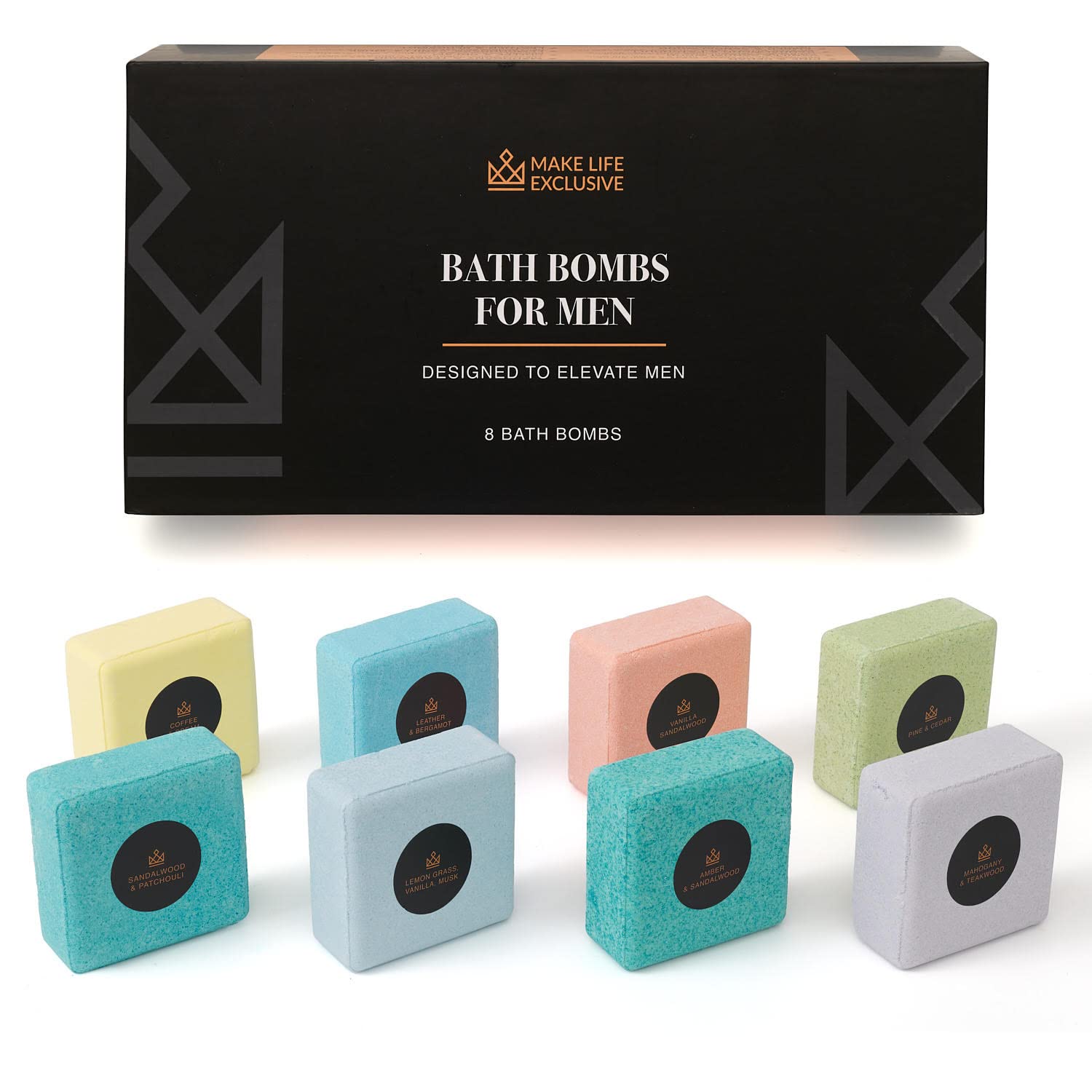 Bath Bombs for Men — 8 Large 5oz, Block-Shape Gift Set with 100% Natural Essential Oils