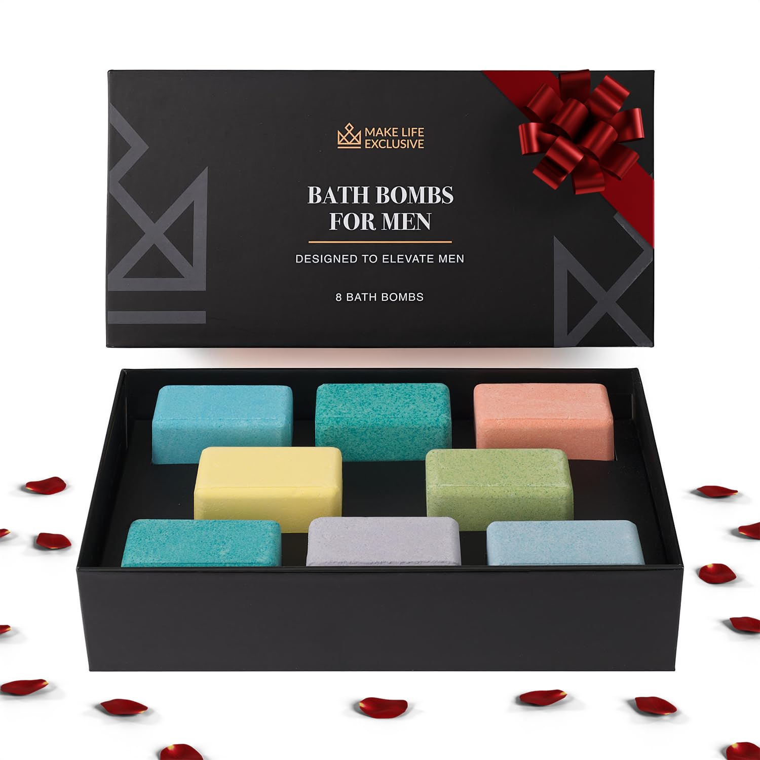 Bath Bombs for Men — 8 Large 5oz, Block-Shape Gift Set with 100% Natural Essential Oils