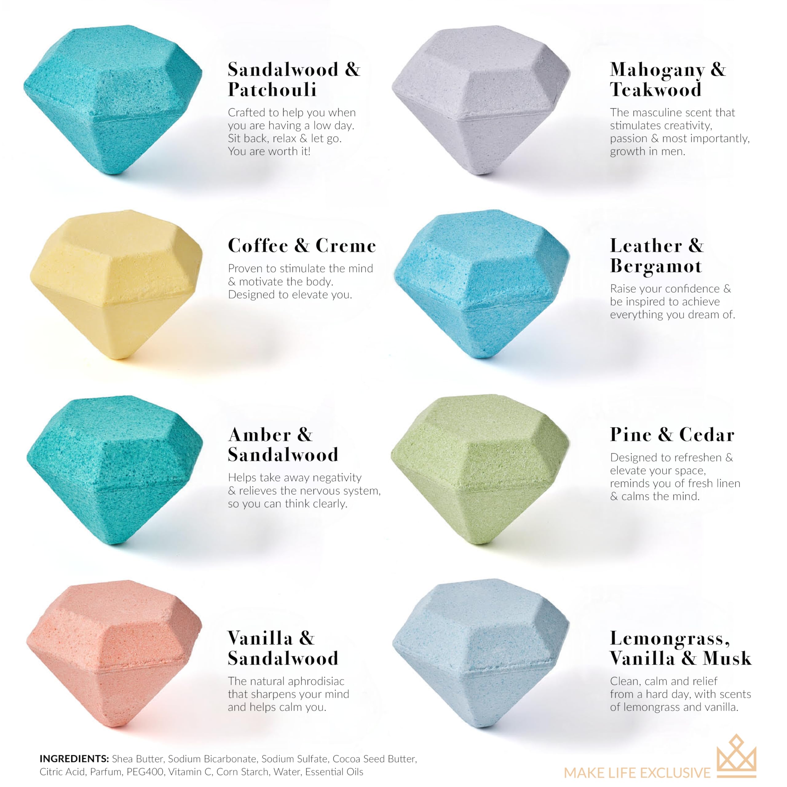 MAKE LIFE EXCLUSIVE Bath Bombs for Men – Diamond Shape 8x5oz Gift Set