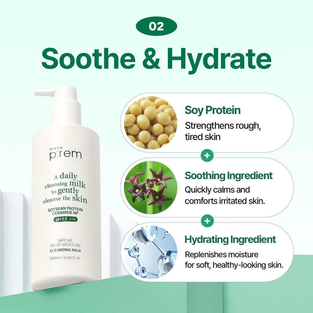 MAKEP:REM Safe Me. Relief Moisture Cleansing Milk — Gentle Hydrating Korean Milky Cleanser for Sensitive Skin (500ml)