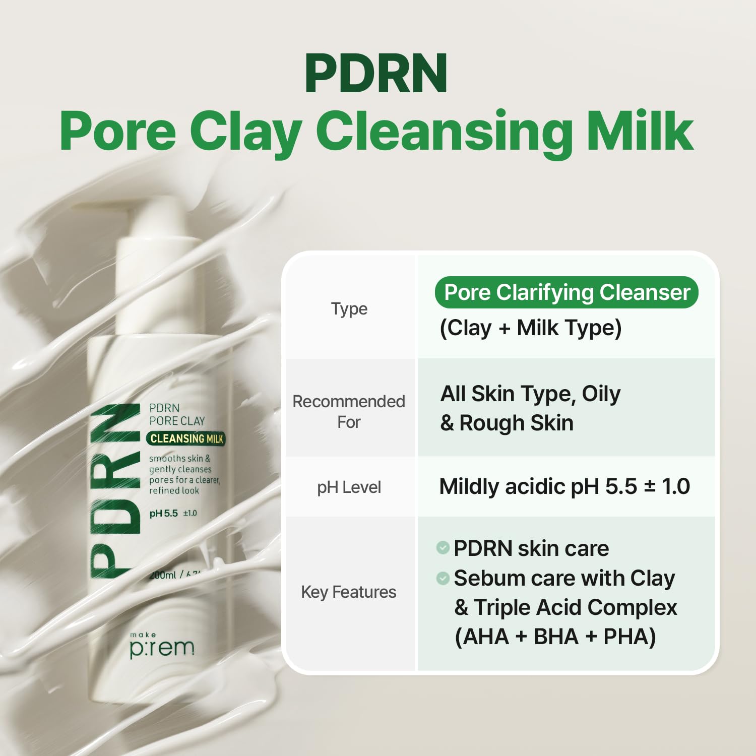 MAKEP:REM PDRN Pore Clay Cleansing Milk — Hydrating Gentle Face Wash for Sensitive Skin (200ml)