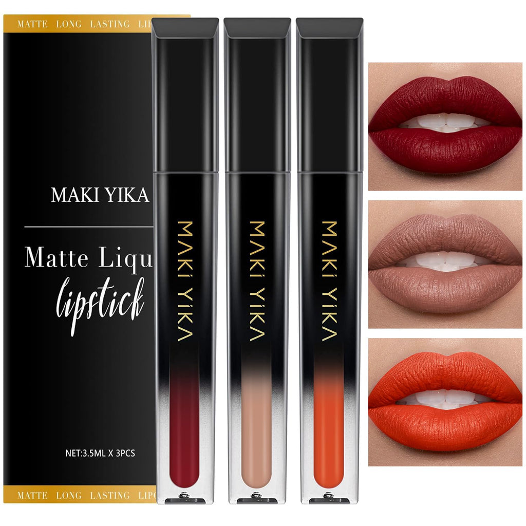 MAKI YIKA 3Pcs Matte Lipstick Set – Red, Nude & Orange; Long-Lasting, Transfer-Proof, Smudge-Resistant