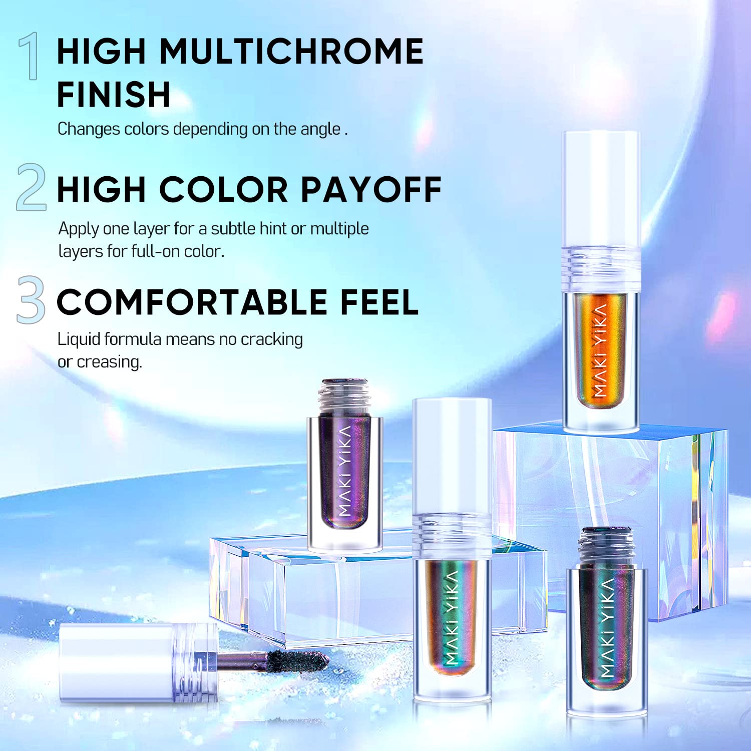 MAKI YIKA 3-Piece Glitter Liquid Eyeshadow – Multichrome Topper, Long-Lasting, Vegan & Cruelty-Free