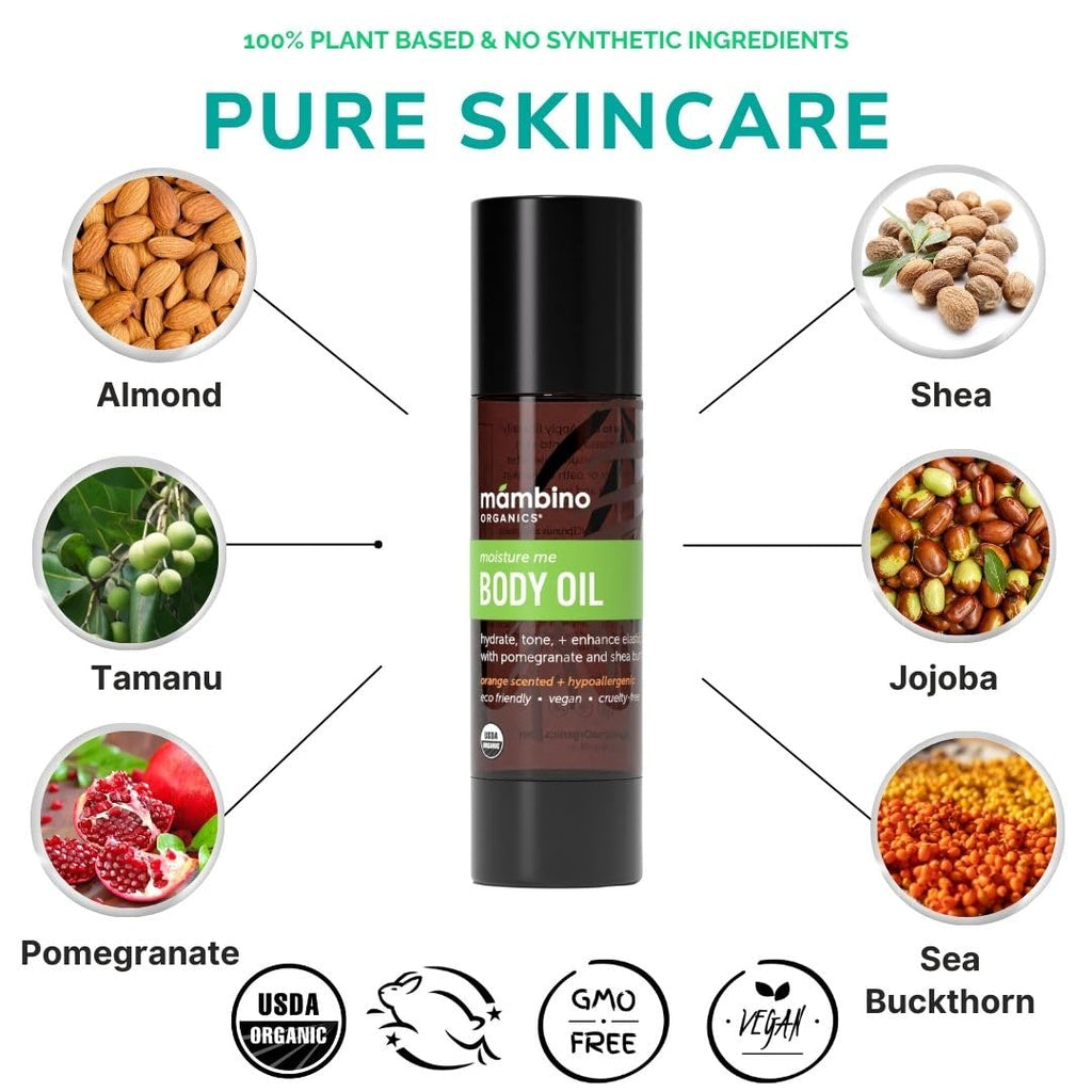 Mambino Organics Moisture Me Body Oil – Organic Hydration with Dutch Shea, Spanish Almond & Turkish Pomegranate (2 x 2 fl oz) | Cruelty-Free