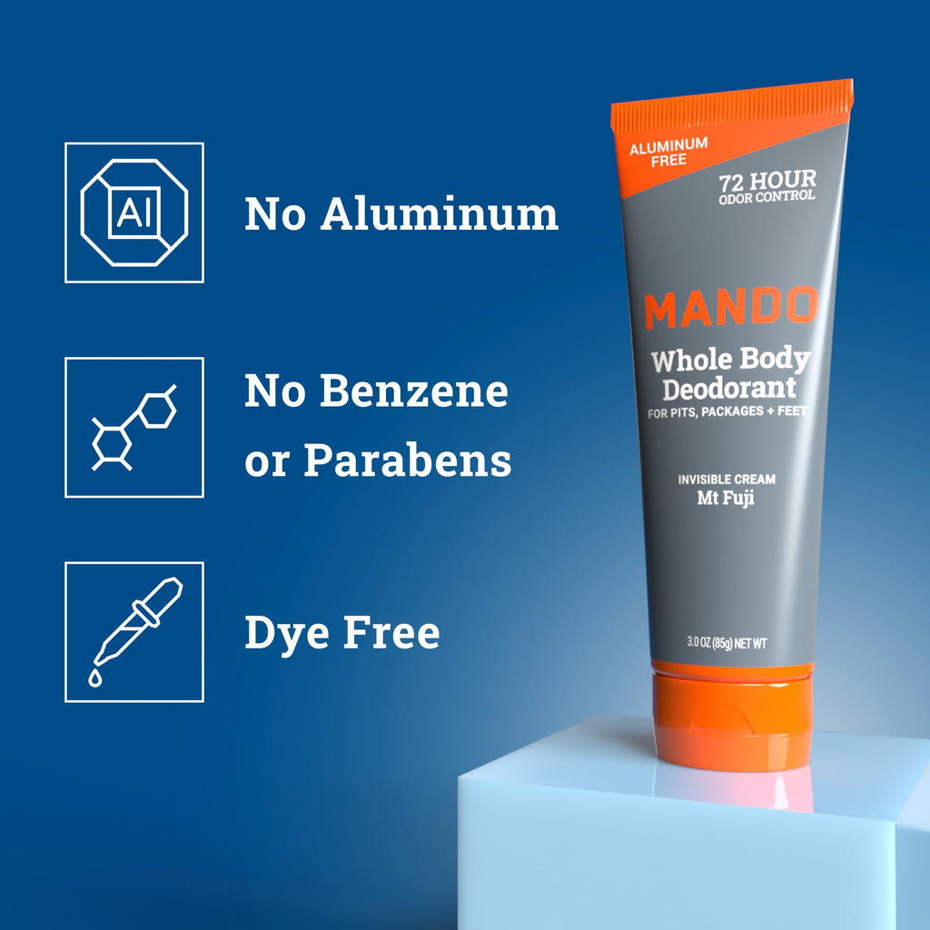 Mando Whole Body Deodorant for Men - Invisible Cream with 72-Hour Odor Control | Aluminum & Baking Soda Free (2x 3 oz) Bourbon Leather & Mount Fuji