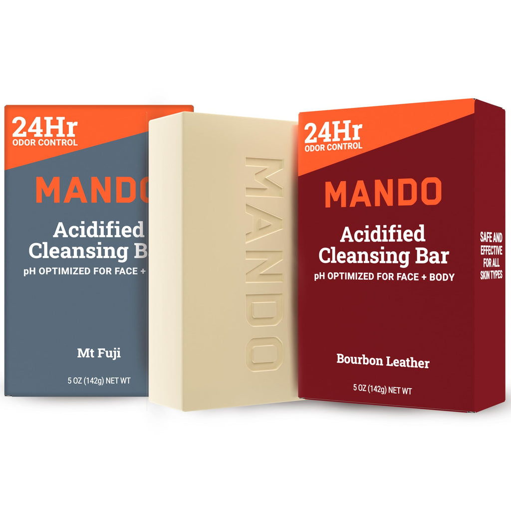 Mando 4-in-1 Acidified Cleansing Bar – 24-Hour Odor Control – Moisturizing & Gentle (Pack of 2) – Bourbon Leather & Mt Fuji