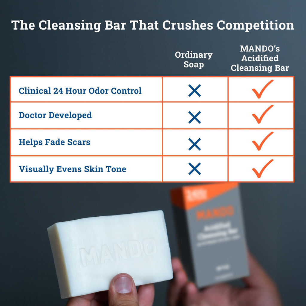 Mando 4-in-1 Acidified Cleansing Bar – 24-Hour Odor Control – Moisturizing & Gentle (Pack of 2) – Bourbon Leather & Mt Fuji