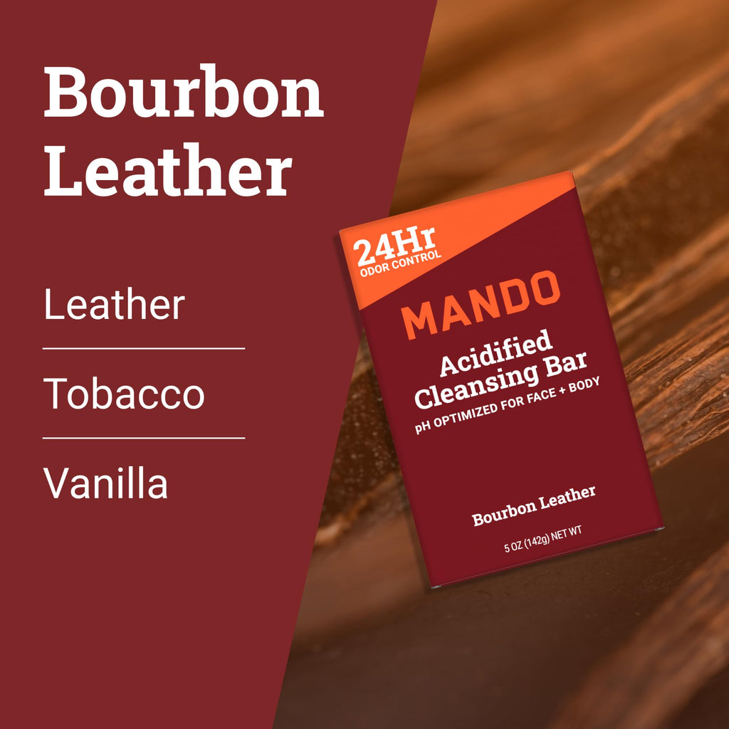 Mando 4-in-1 Acidified Cleansing Bar – 24-Hour Odor Control – Moisturizing & Gentle (Pack of 2) – Bourbon Leather & Mt Fuji