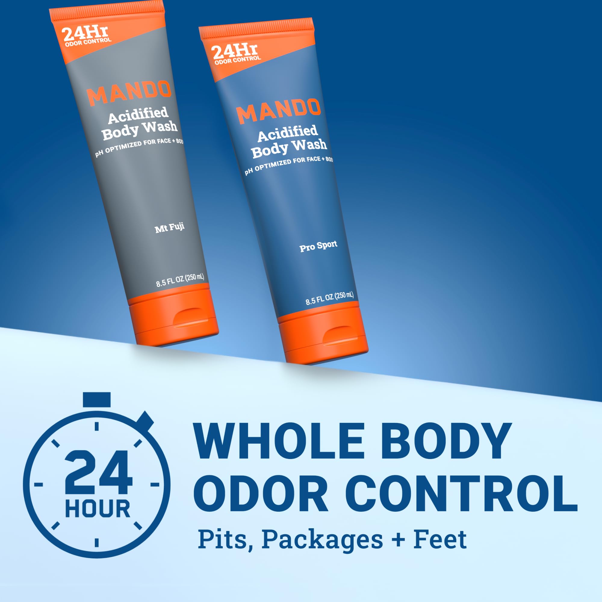Mando Acidified Body Wash - 24-Hour Odor Control - SLS/Phthalate Free - Pro Sport & Mt Fuji (8.5 oz x2)