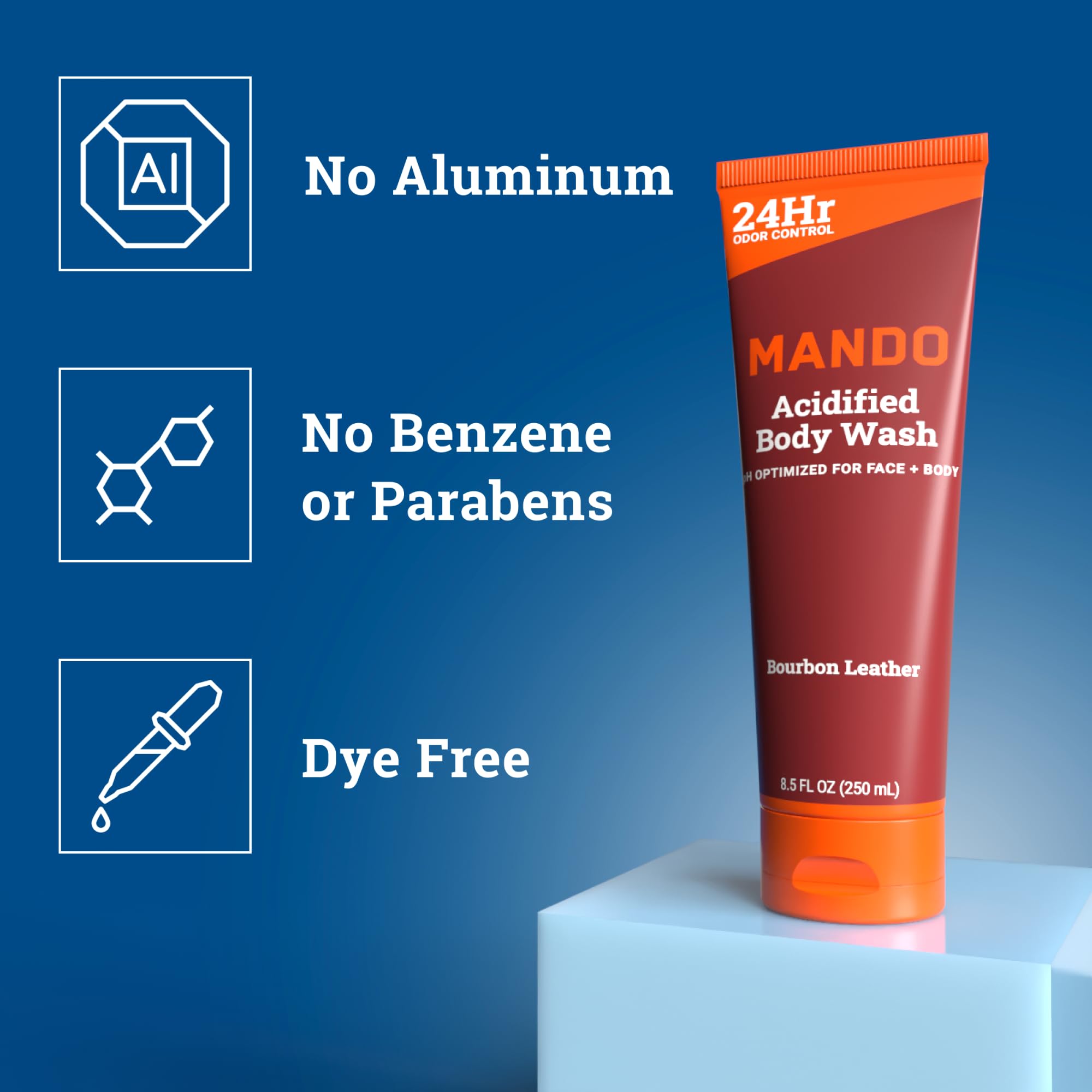 Mando Acidified Body Wash – 24-Hour Odor Control, SLS-Free, Bourbon Leather & Mt Fuji