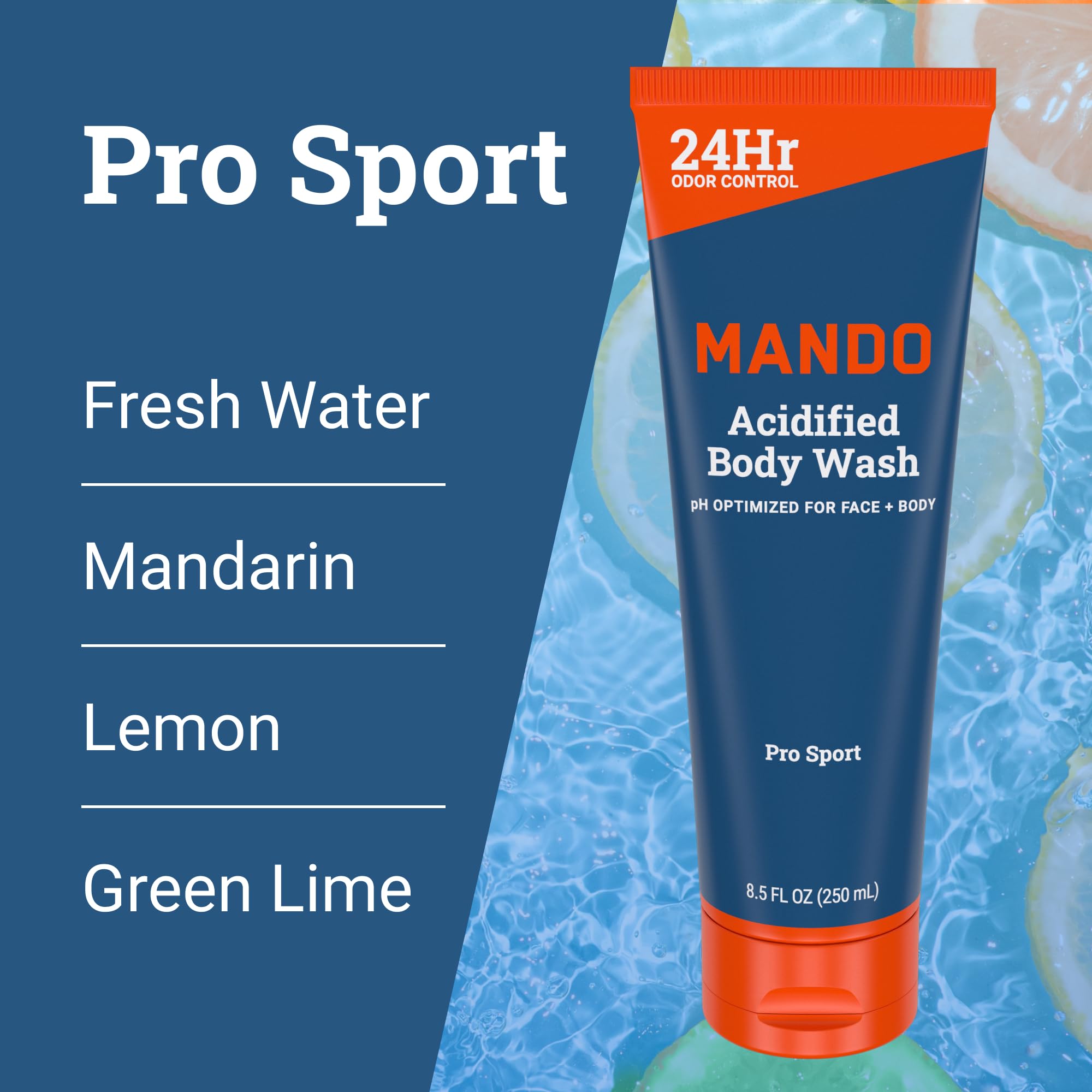 Mando Acidified Body Wash - 24-Hour Odor Control - SLS/Phthalate Free - Pro Sport & Mt Fuji (8.5 oz x2)