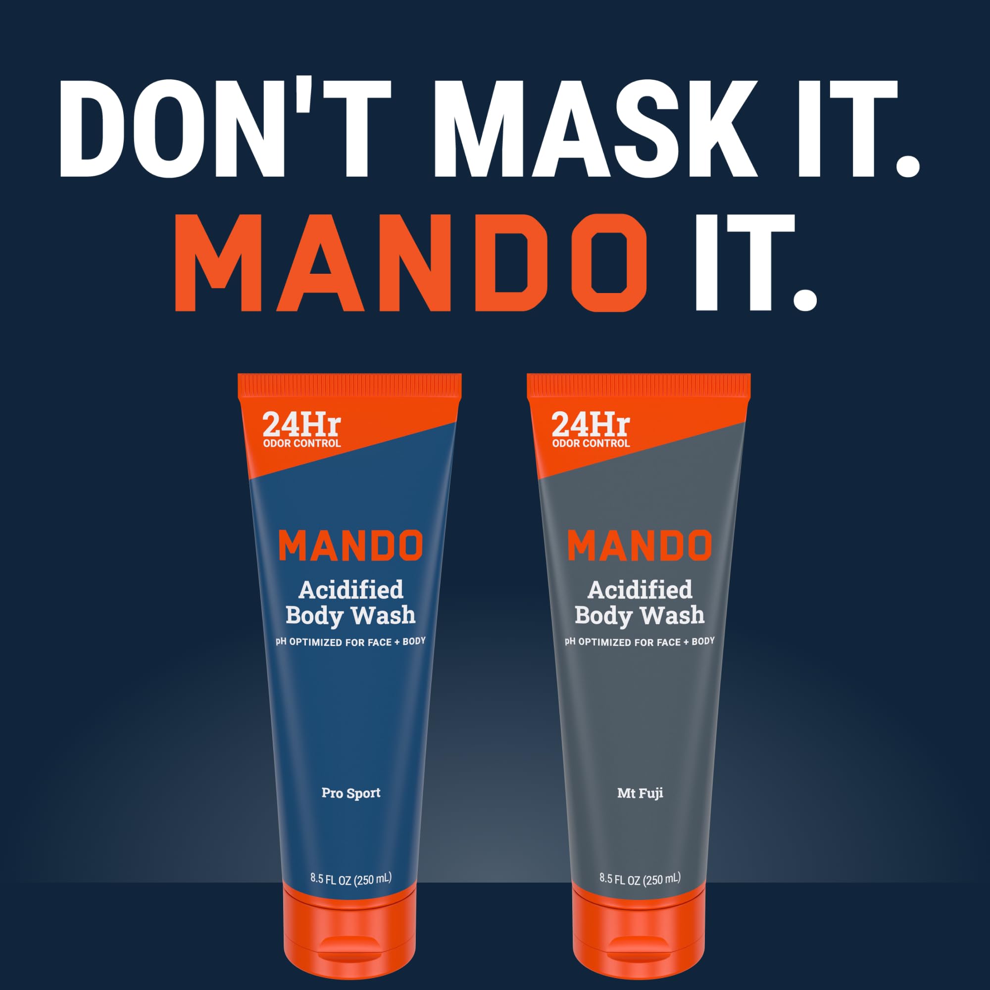 Mando Acidified Body Wash - 24-Hour Odor Control - SLS/Phthalate Free - Pro Sport & Mt Fuji (8.5 oz x2)