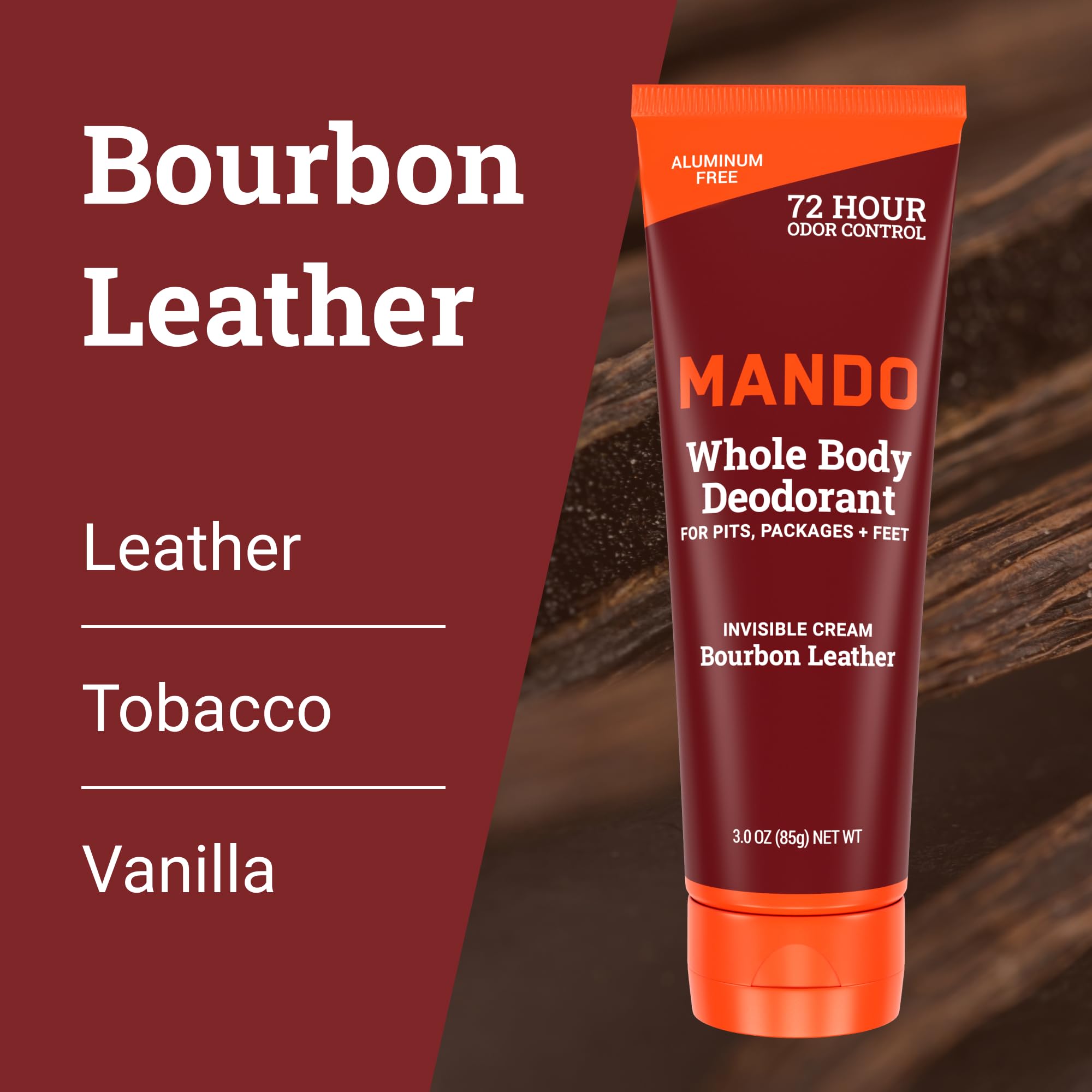 Mando Whole Body Deodorant for Men - Invisible Cream with 72-Hour Odor Control | Aluminum & Baking Soda Free (2x 3 oz) Bourbon Leather & Mount Fuji