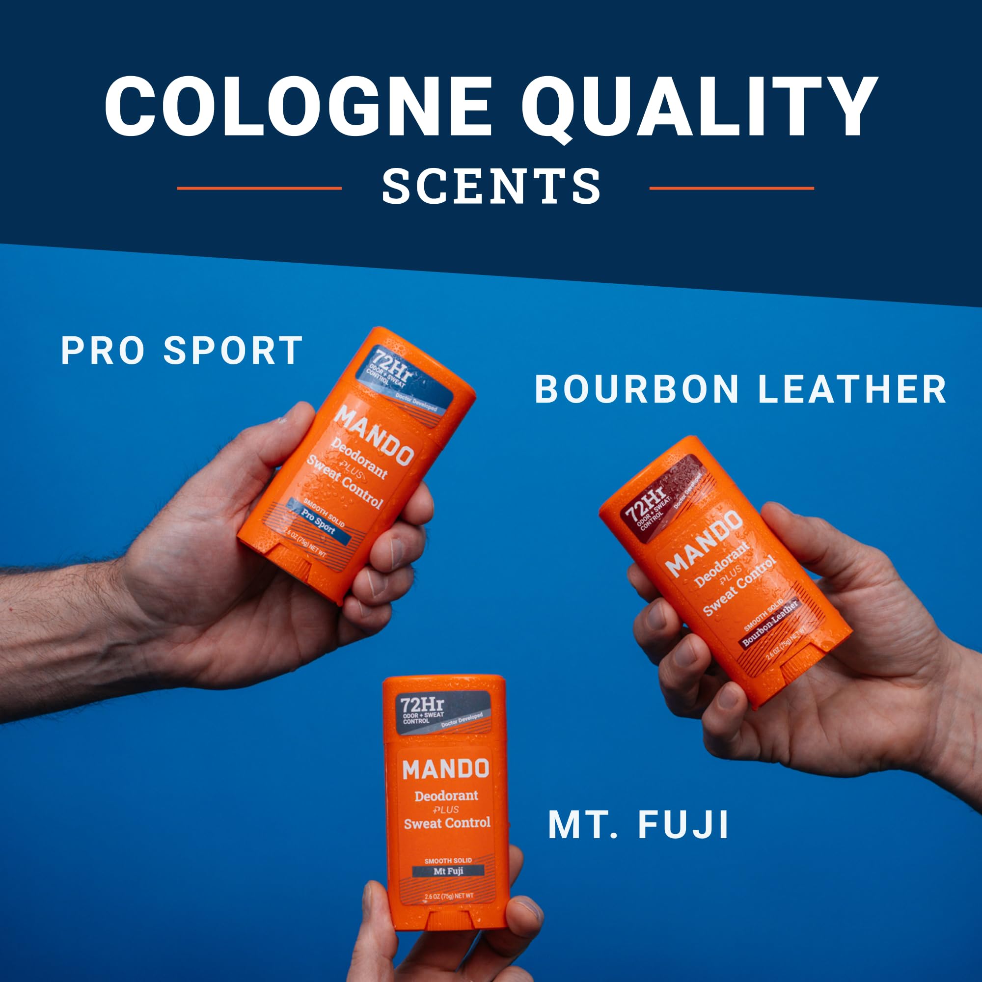 Mando Antiperspirant Deodorant for Men – Extra Strength 72-Hour Odor & Sweat Protection – Baking Soda Free – 3 Pack (Bourbon Leather, Pro Sport, Mt Fuji)