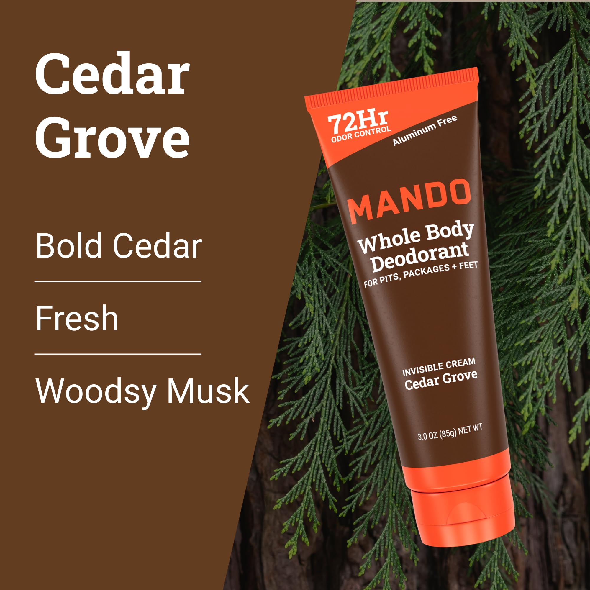 Mando Whole Body Deodorant For Men – Cedar Grove, 72 Hour Odor Control, Aluminum Free, Pack of 2 (3 oz Tubes)