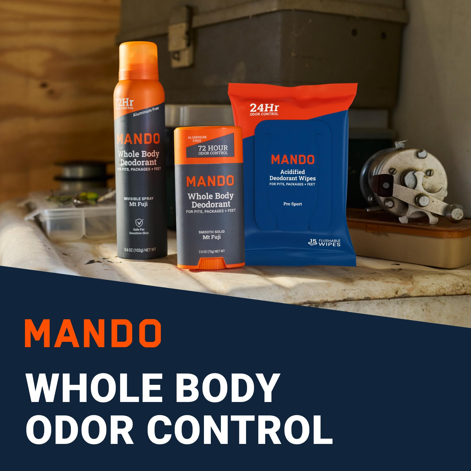 Mando Whole Body 3-Piece System — Aluminum- and Baking Soda-Free Odor Control (Mt Fuji) – 2.6 oz Stick, 3.6 oz Spray, 15 Wipes