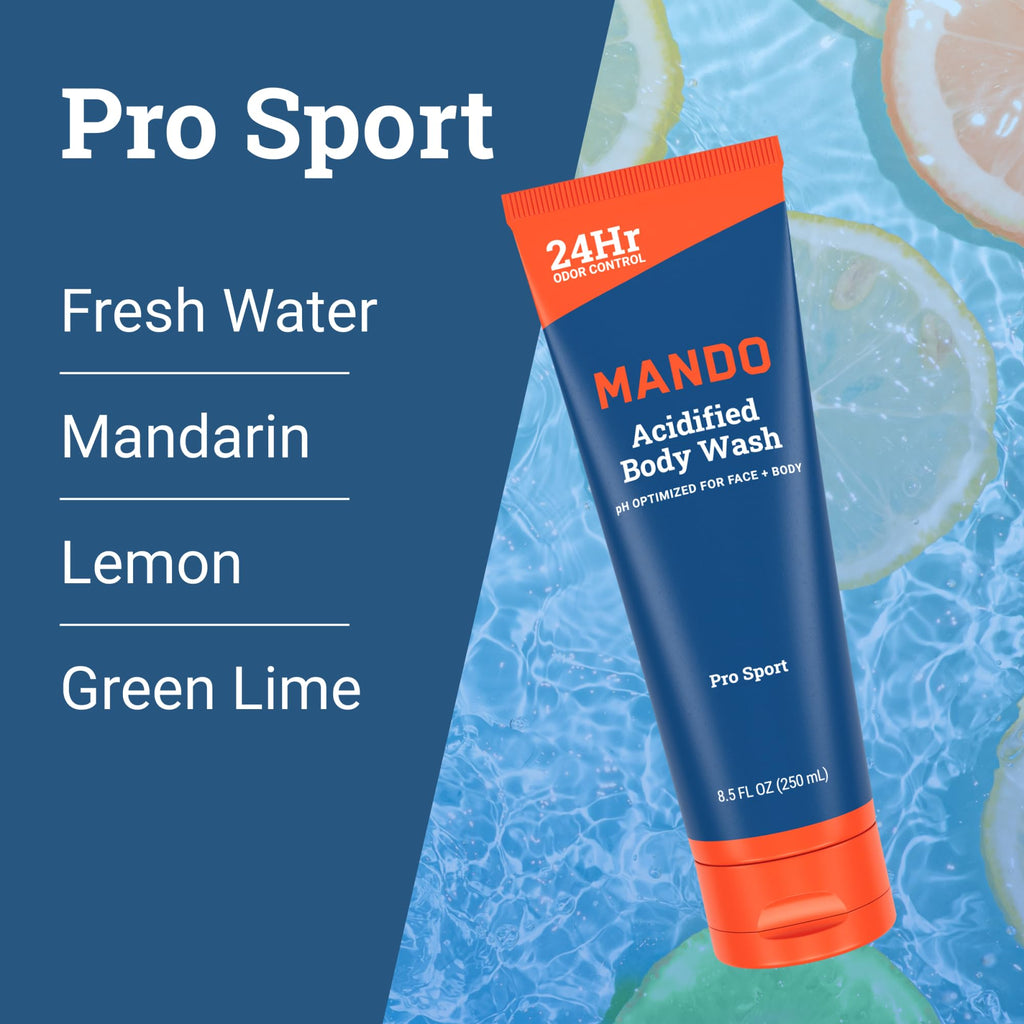 Mando Odor Shield Body Wash - 24-Hour Odor Control - SLS Free - 8.5 oz (Pack of 2) Pro Sport