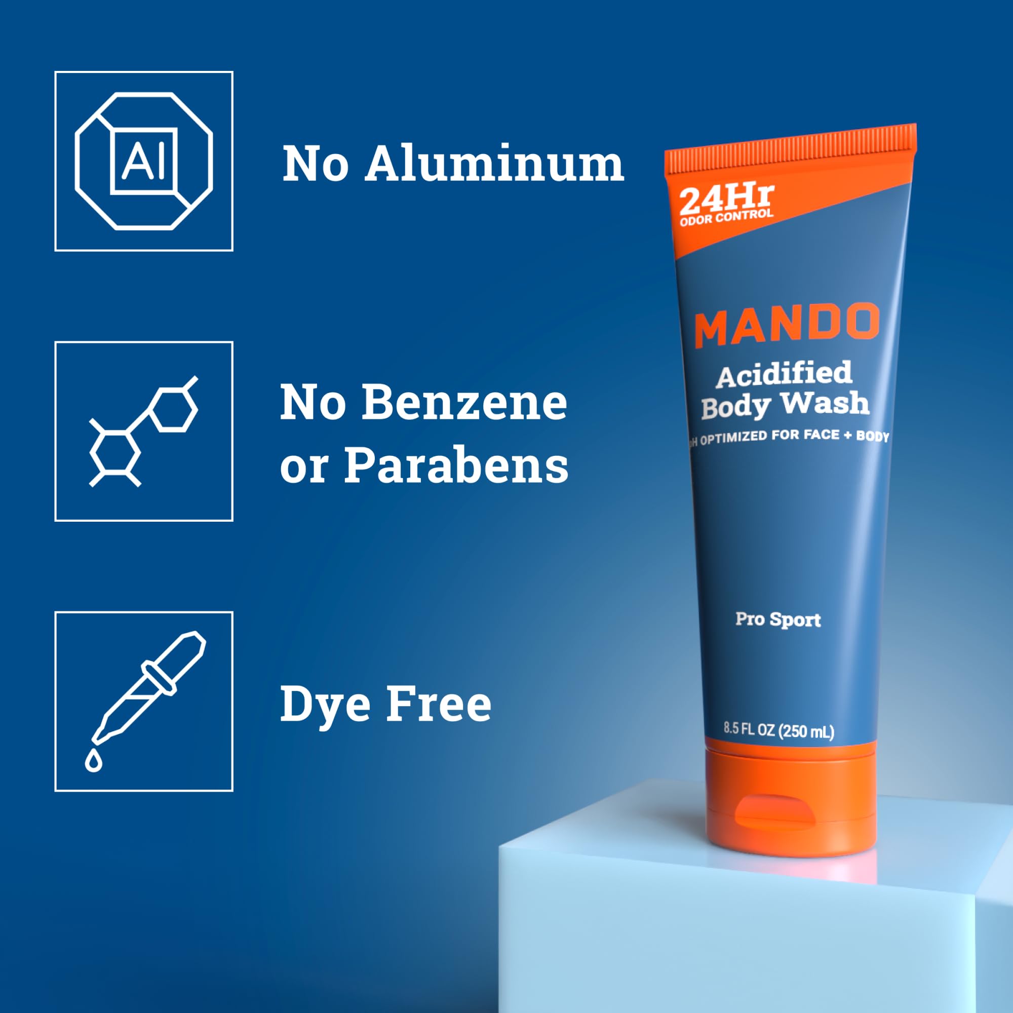Mando Odor Shield Body Wash - 24-Hour Odor Control - SLS Free - 8.5 oz (Pack of 2) Pro Sport