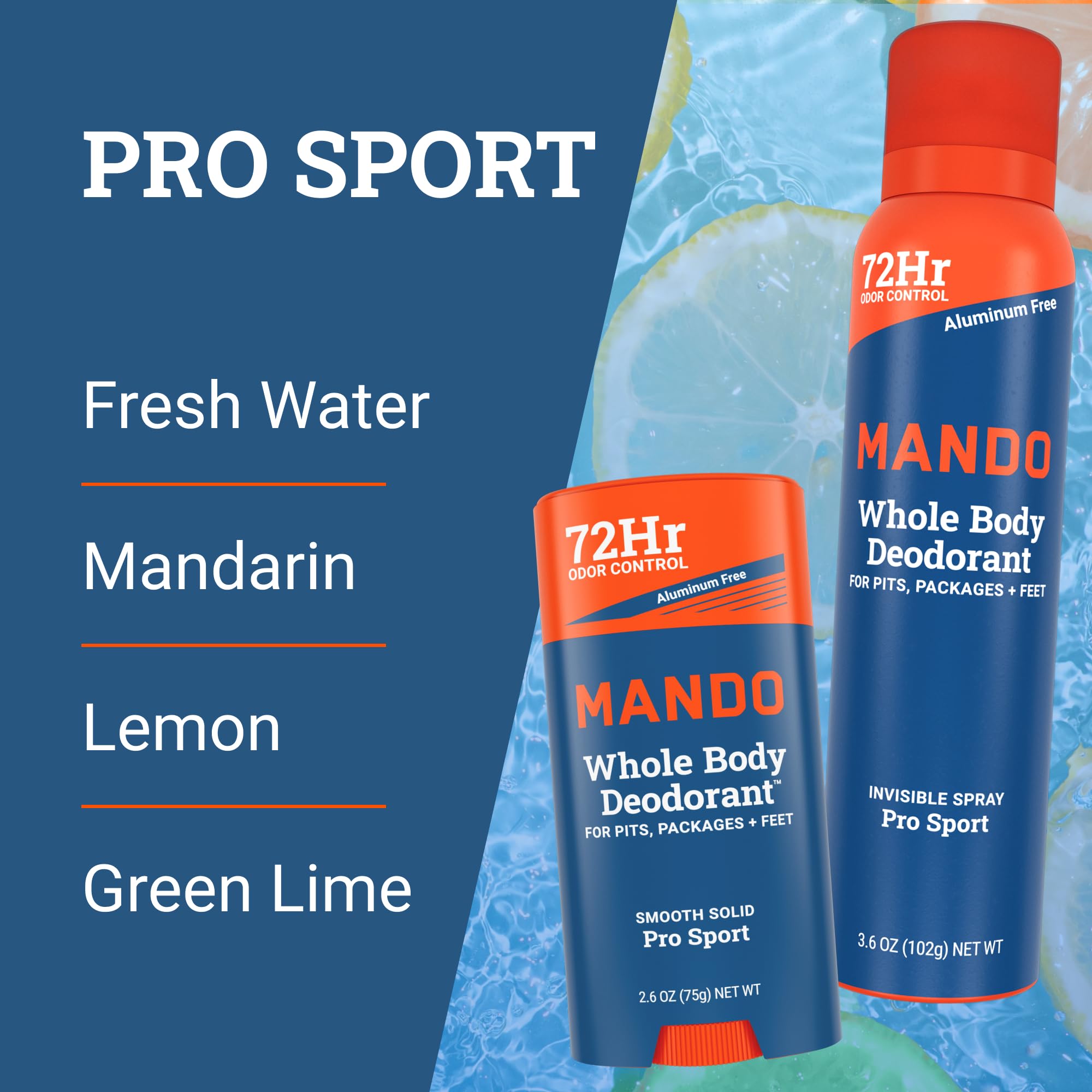 Mando Whole Body Deodorant Pro Sport 2-Piece System – 2.6 oz Solid Stick + 3.6 oz Spray (Aluminum & Baking Soda Free)