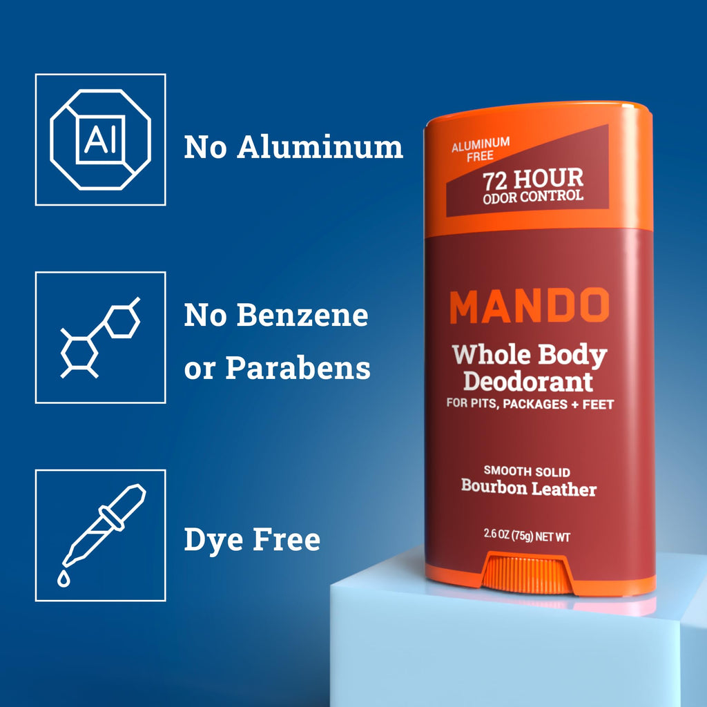 Mando Whole Body Deodorant for Men – Aluminum & Baking Soda Free, 72-Hour Odor Control (2x2.6 oz) Bourbon Leather & Pro Sport