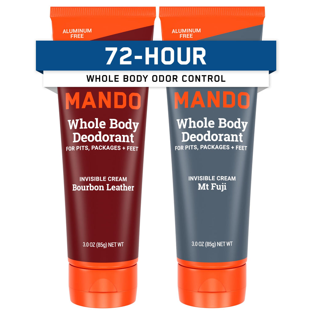 Mando Whole Body Deodorant for Men - Invisible Cream with 72-Hour Odor Control | Aluminum & Baking Soda Free (2x 3 oz) Bourbon Leather & Mount Fuji