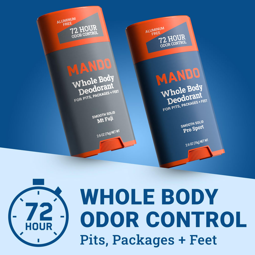 Mando Whole Body Deodorant for Men — Aluminum-Free & Baking Soda-Free Solid Stick | 72-Hour Odor Control (Pack of 2, Mt Fuji & Pro Sport)
