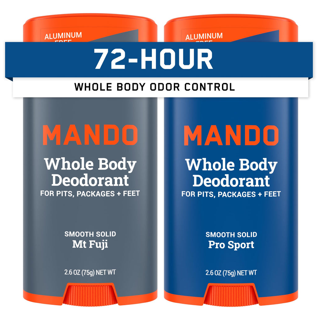 Mando Whole Body Deodorant for Men — Aluminum-Free & Baking Soda-Free Solid Stick | 72-Hour Odor Control (Pack of 2, Mt Fuji & Pro Sport)
