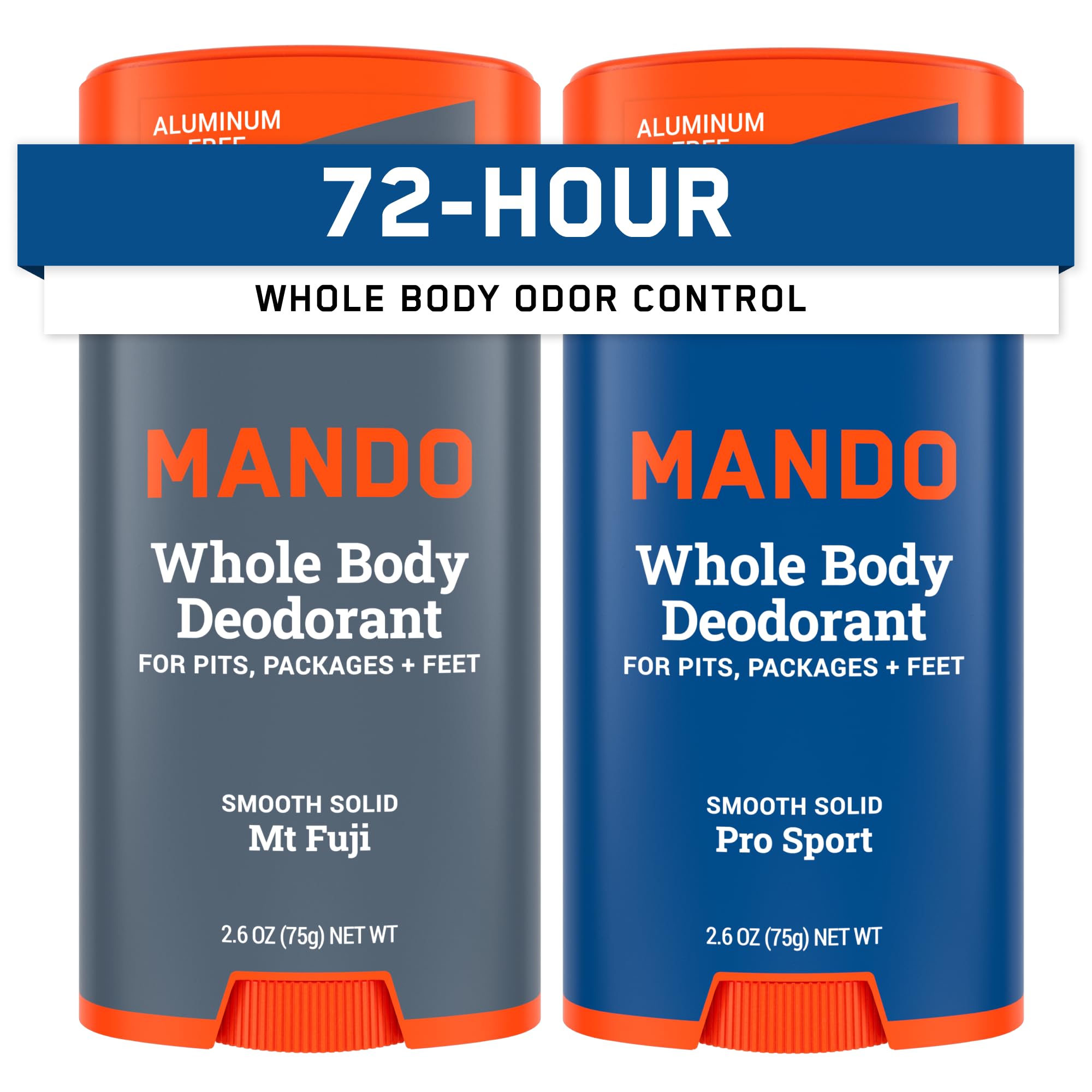 Mando Whole Body Deodorant for Men — Aluminum-Free & Baking Soda-Free Solid Stick | 72-Hour Odor Control (Pack of 2, Mt Fuji & Pro Sport)